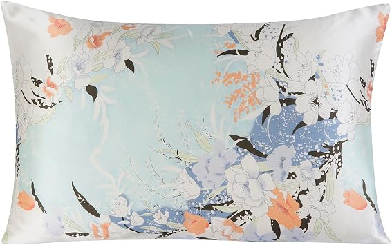 Single Faced Mulberry Silk Pillowcase Printed Floral 20x26 Hair Care Silk Luxury Beauty Sleep Accessory Smooth Hair1Pcs Tenderness Blue