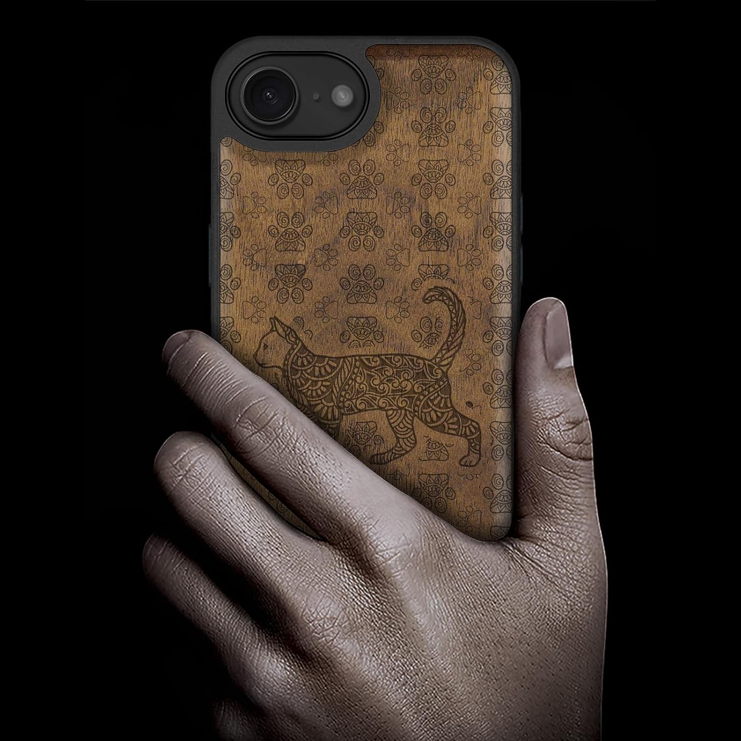 Carveit Magnetic Wooden Case for iPhone 16e / 17e, Solid Wood & Black TPU, Artisan Engraved Design, Shockproof Cover, Compatible with MagSafe Wireless Chargers, Majestic Tribal Feline - Walnut