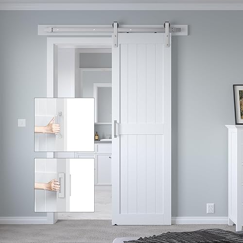 Miniatura 114 de Puerta corrediza de granero MDF de 48 x 80 pulgadas con kit de herrajes para puerta de granero de 8 pies y asa, agujeros preperforados, fácil Blanco