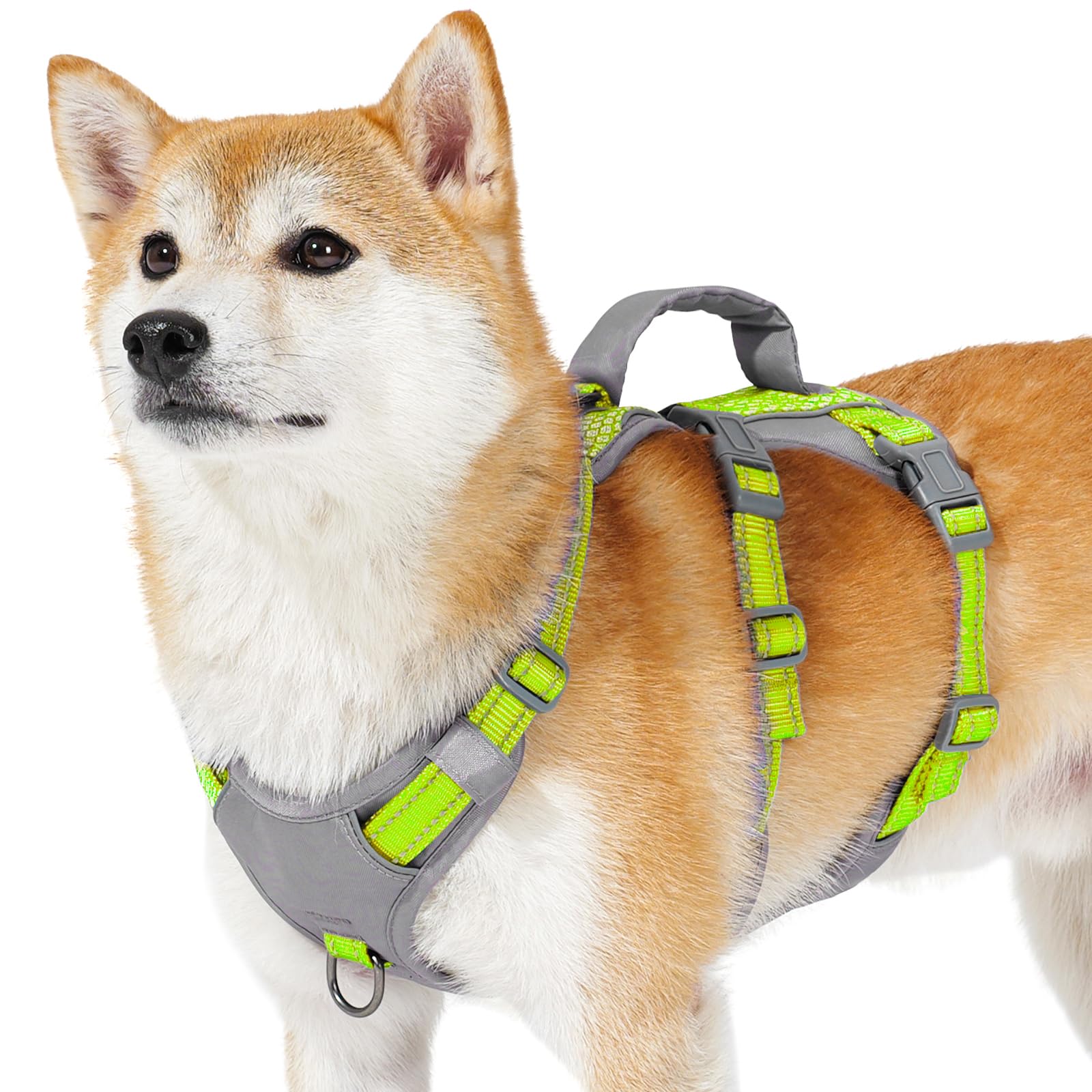 Huntboo Harnais Chien Petite Taille, Réfléchissant Harnais Anti Fugue Chien, Harnais Chien Anti Traction avec Poignée, Respirant, Harnais Réglable pour Chiens Moyens et Grands (Vert Vif,S)