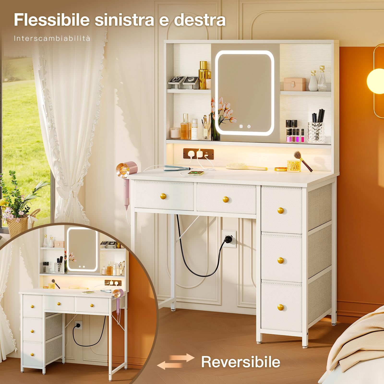 ODK Tavolo da Toeletta con Specchio LED Regolabile, Prese USB Integrate e Striscia Luce RGB – Toeletta con 5 Cassetti in Tessuto e Ripiani a 3 Livelli – Tavolo da Trucco Bianco 90×40×139 cm