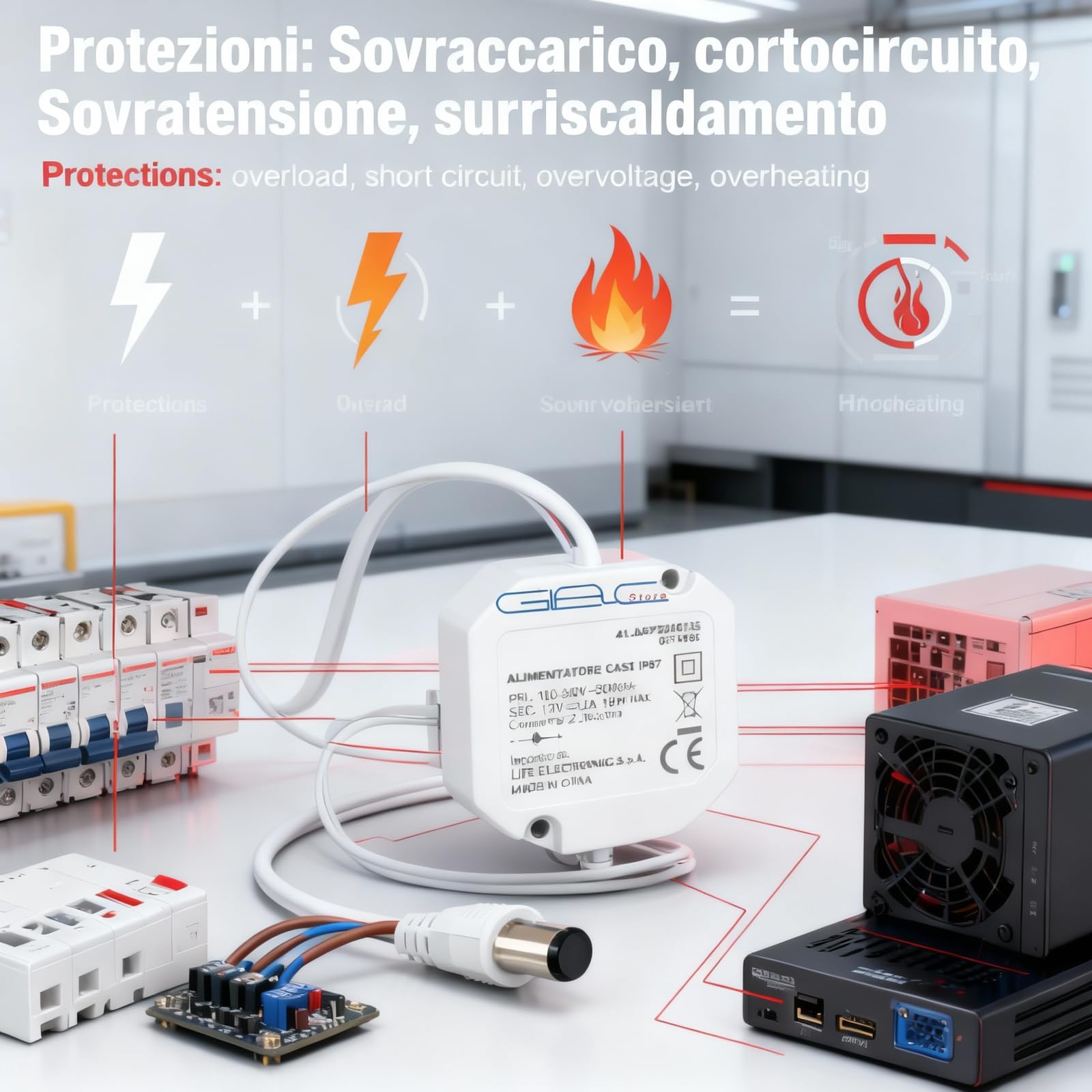 Alimentatore IP67 Impermeabile, Tensione Costante 12V DC, 100-240V AC, Dimensioni 50x50x25mm, Protezione Sovraccarico, Certificato CE (2A-24W)