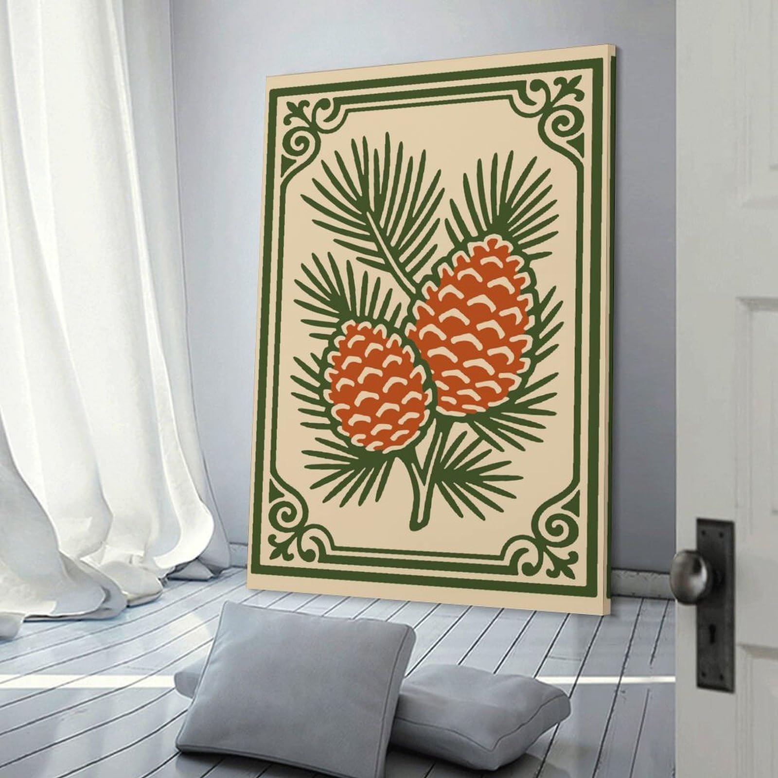 Junmoney Pine Cones Illustration with Decorative Border Room Decor Wall Art, 24x36inch(60x90cm), for Bedrooms, Workspaces And Everyday Interiors, An Adaptable Decor Piece for Home Use
