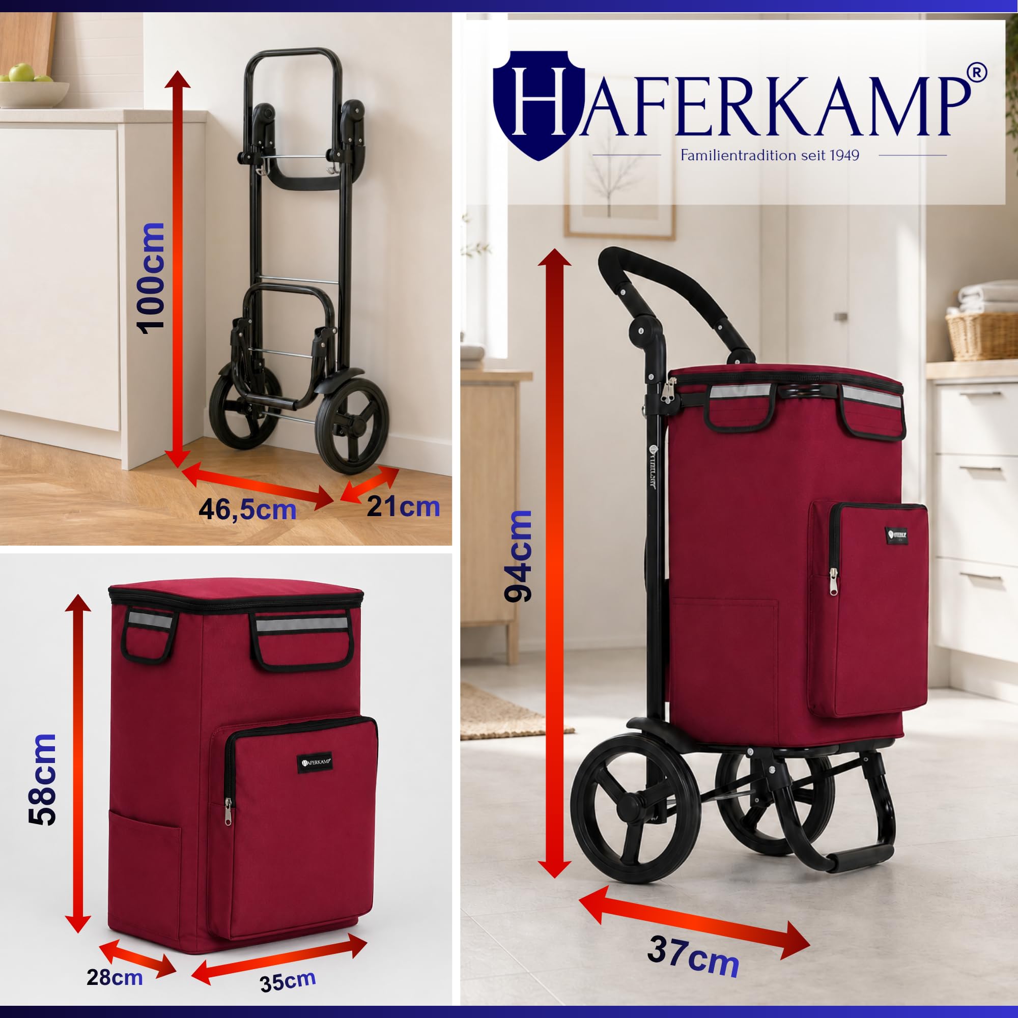 Klappbarer Einkaufstrolley TRAGINO 3-in1 Einkaufswagen, Bordeaux Rot | mit Kühl- und Getränkefach, groß, modern & abnehmbare Tasche, höhenverstellbar, mit Reflekotren, Volumen: 60 Liter