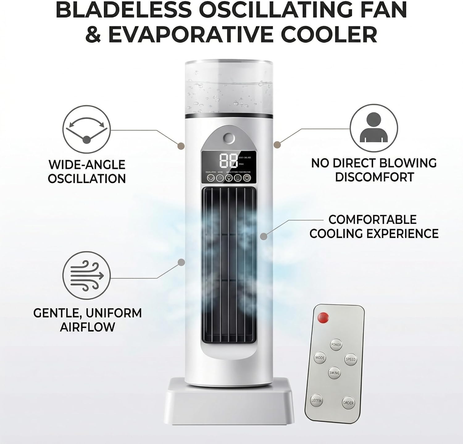 Bladeless Oscillating Tower Fan, Portable Air Conditioning Fan with Mist Function for Bedroom, USB Desktop Cooling Fans with Remote Control - White, Oscillating