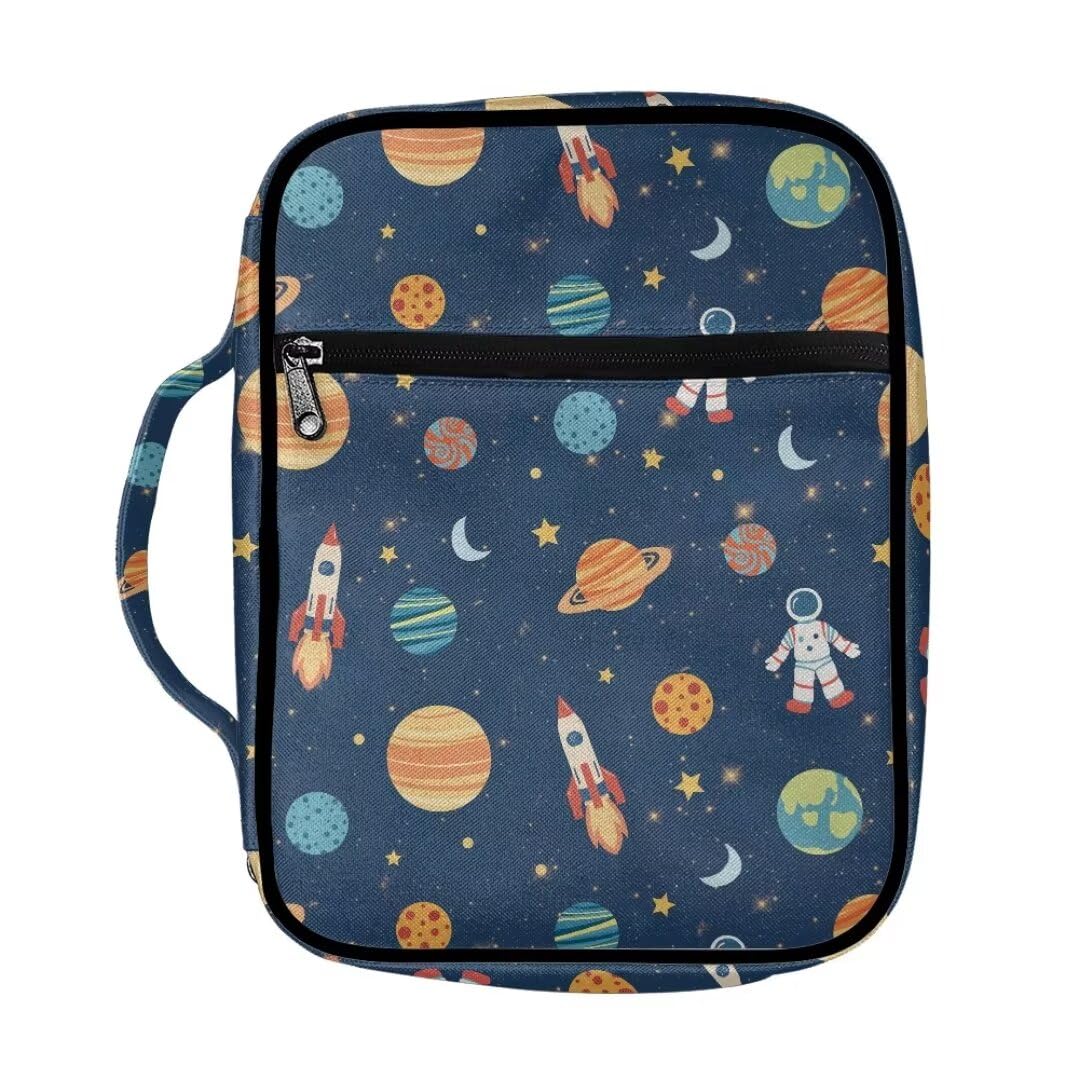 Coldinair Cartoon Bible Covers Bag for Kids,Outer Space Astronaut Carrying Book Case Church Bag Bible Holder with Handle and Zippered Pocket