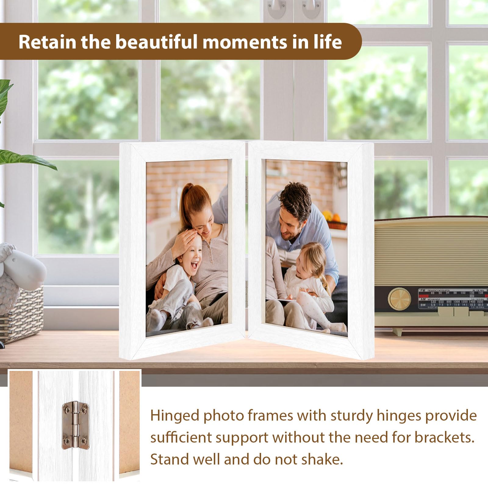 Gatphy Double Sided Photo Frame 4x6 Hinged Folding Wood Picture Frame with Definition Glass Stand Hinged Photo Frame Vertical on Desktop Folding Family Frames Collage Hold 2 Photos (Double White) - Image 3