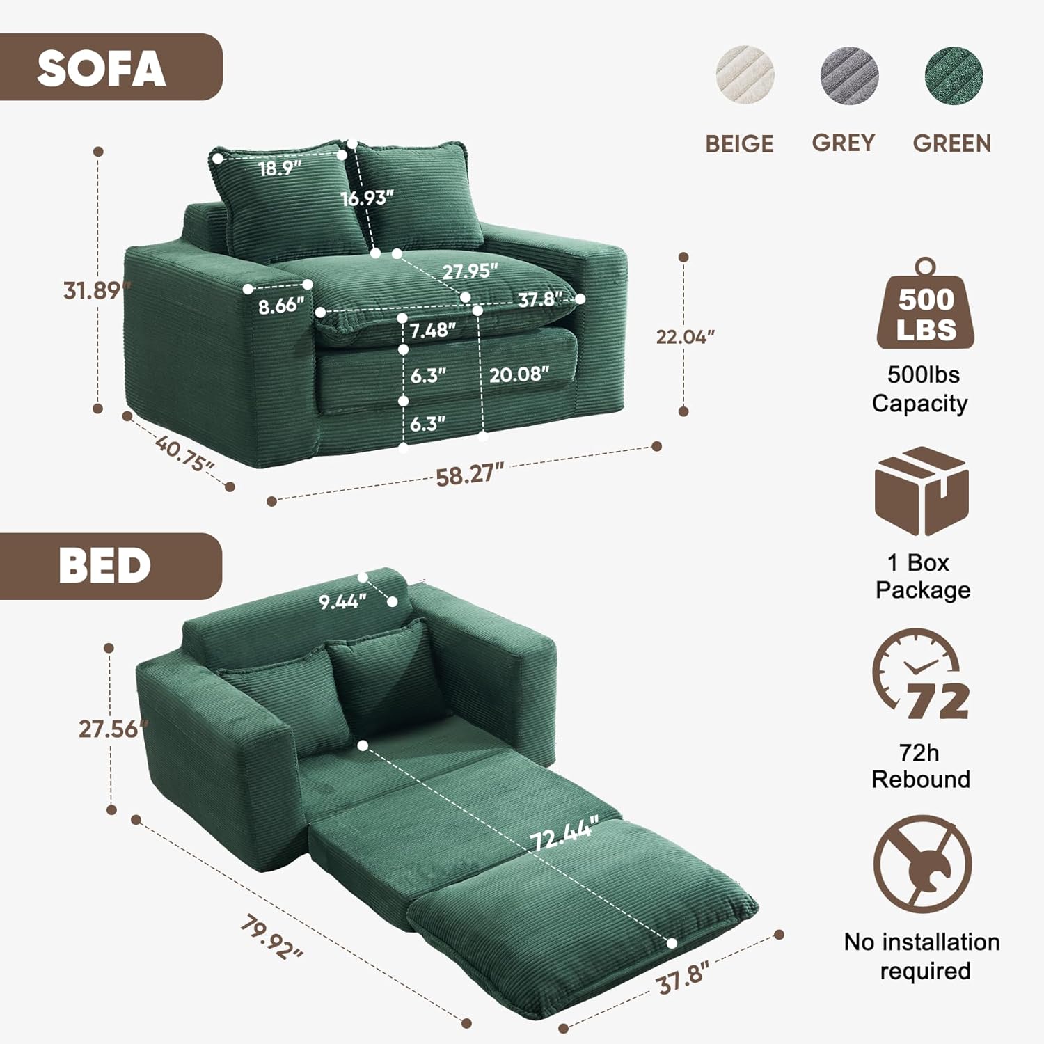 58" Pull Out Sofa Bed, Convertible 2 in 1 Folding Loveseat Sofa Couch Corduroy Boneless Floor Sleeper Mattress Futon Deep Seat Wide Arm for Apartment Bedroom Living Room No Assembly 58-Green | No Need Assemble, Folding Sofa Bed, 3 in 1 Sofa Bed, Breathable Corduroy, Ergonomics Loveseat