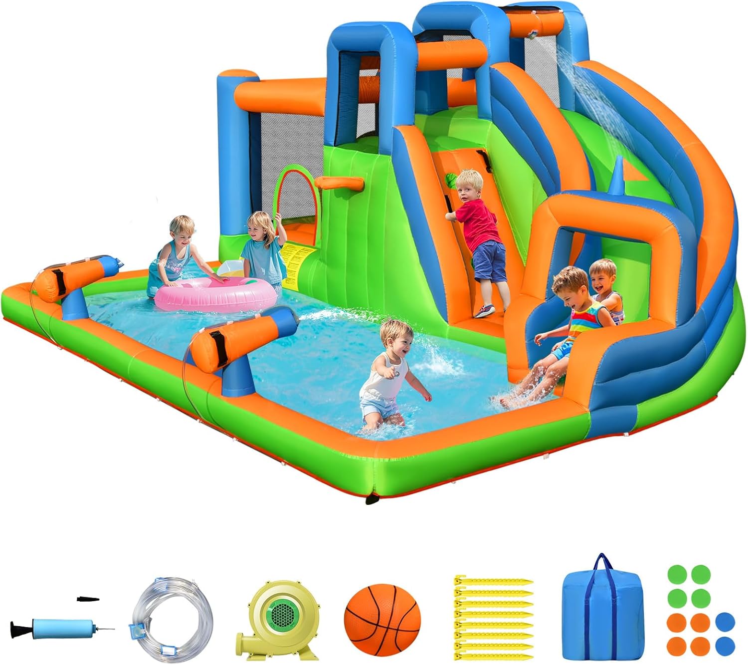 OLAKIDS Inflatable Water Slide, 7 in 1 Bounce House Water Park with Slide Splash Pool Climbing Wall 2 Water Guns Basketball Rim, Outdoor Inflatable Obstacle Course for Kids Backyard (with 735W)