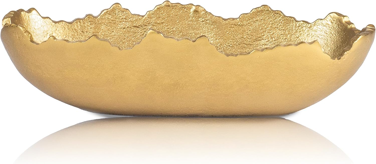 Red Co. 11.5” x 4.5” Elongated Oval Decorative Asymmetrical Torn Textured Metal Centerpiece Tray with Sculpted Edges, Old Gold