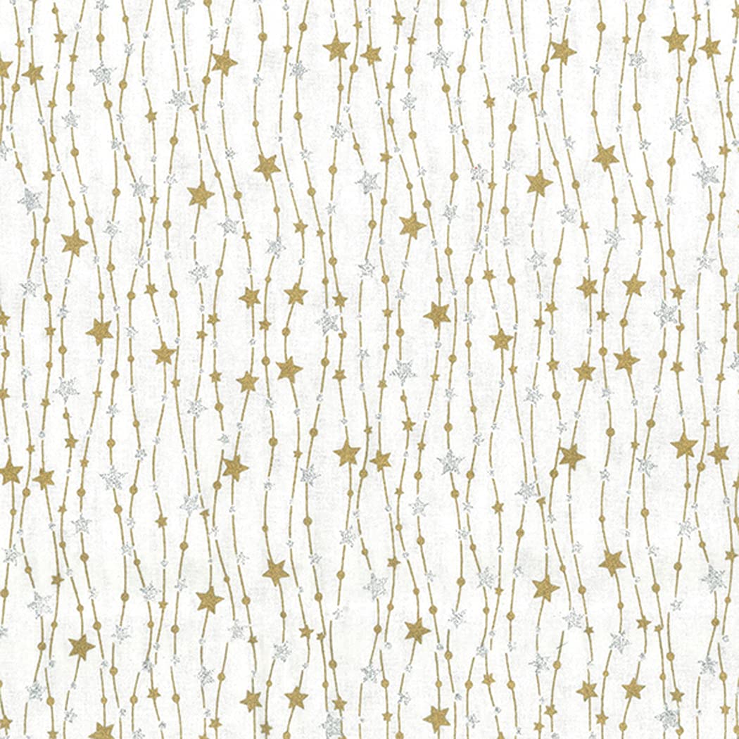 Oddies White Christmas Fabric - Gold & Silver Glitter Stars On - Xmas Craft Fabric Material Metre (Jlx0219)
