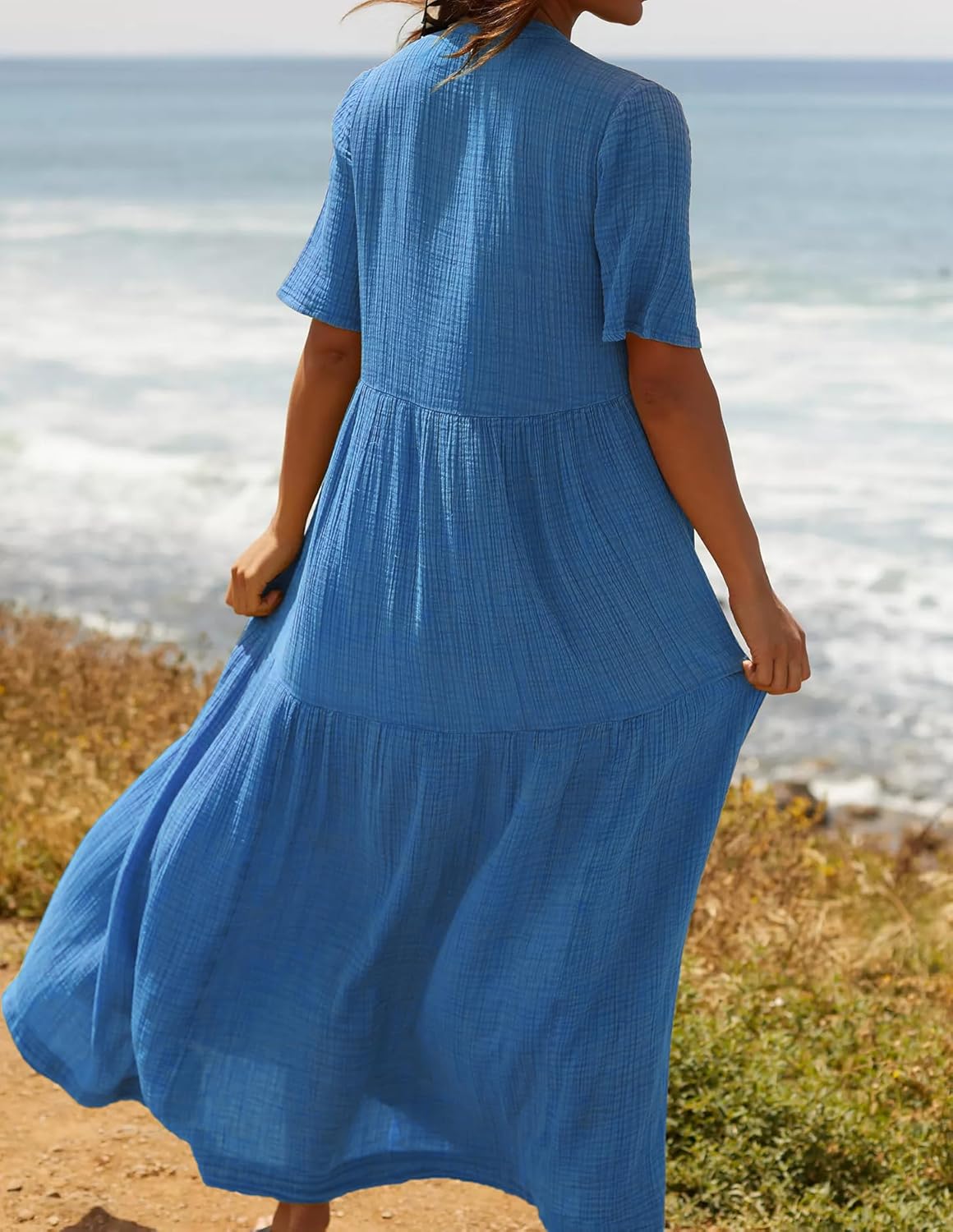 R.Vivimos Womens Summer Cotton Flowy Maxi Dress Short Sleeve V Neck Empire Waist Boho Tiered Ruffle Casual Loose Long Dresses - Image 3