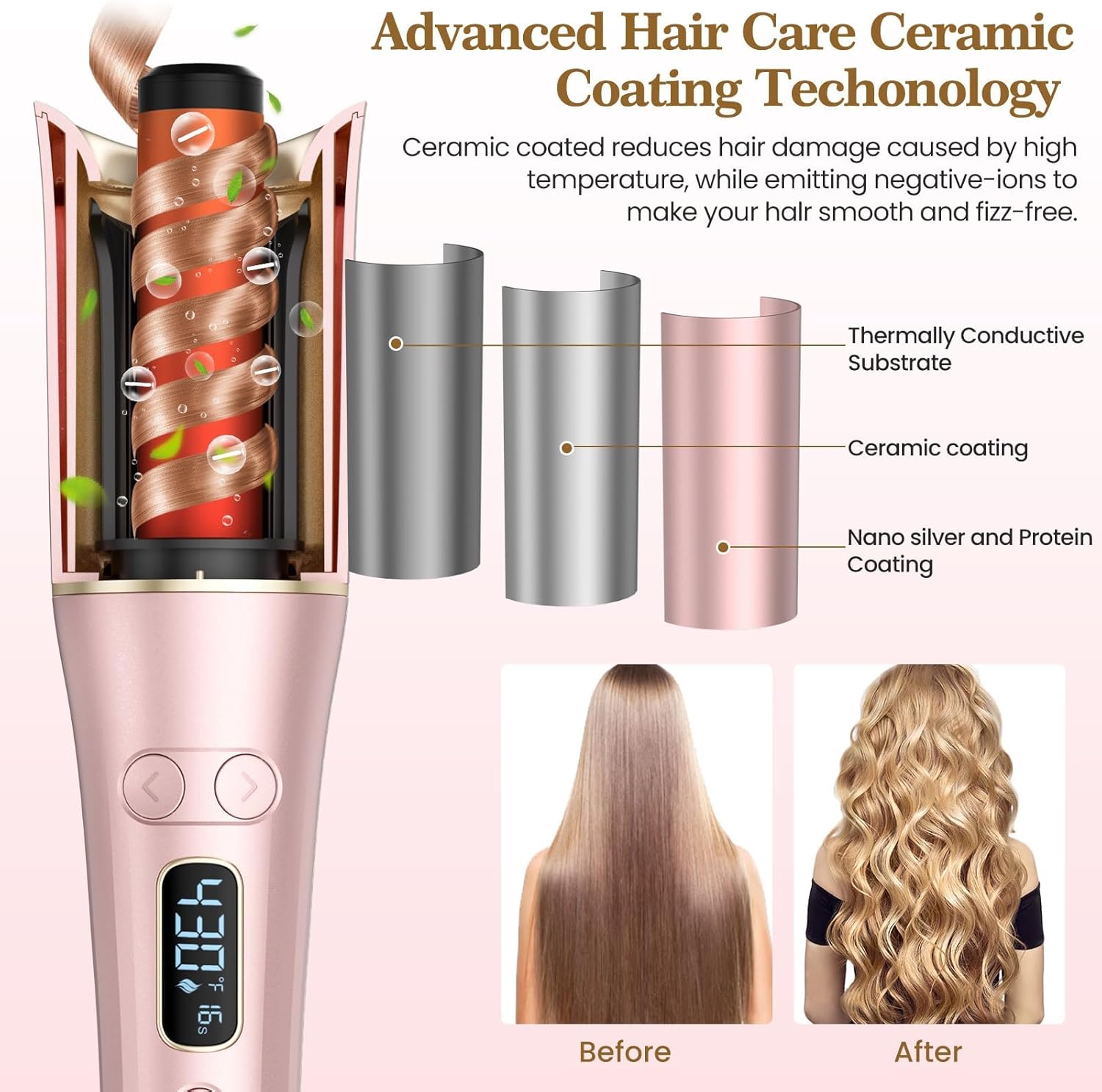 Automatic Curling Iron, Auto Hair Curler Wand with 4 Temperatures & 3 Timers & LCD Display, Curling Iron with 1" Large Rotating Barrel, Dual Voltage Auto Shut-Off Spin Iron for Hair Styling - Image 4