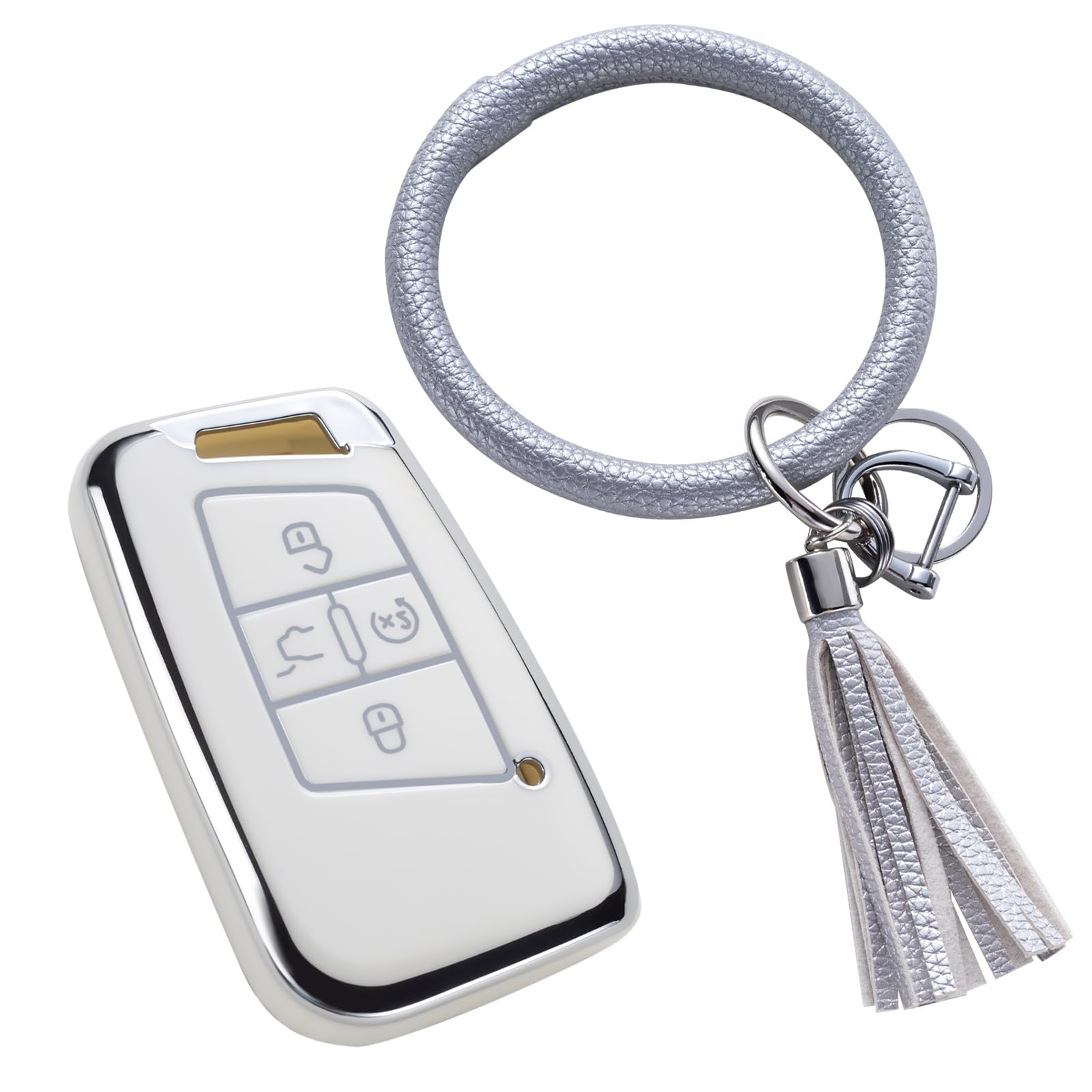 for Volkswagen Key Fob Cover with Leather Wristlet Keychain, Key Fob Case Protection for VW Tiguan Atlas Jetta Passat Golf Alltrack 4 Buttons, Fashion key Ring Bracelet Gifts for Women Men