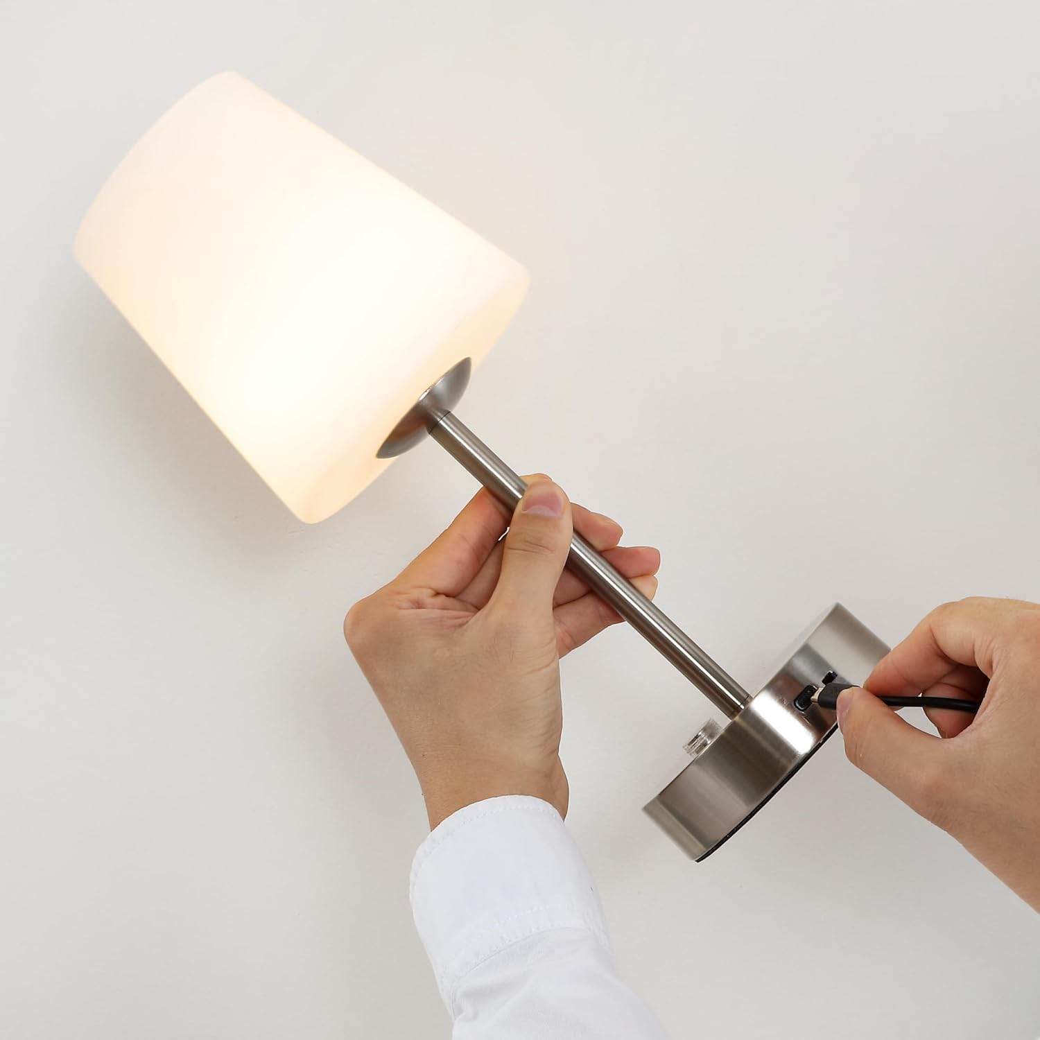 Nickel Cordless Rechargeable LED Table Lamp with Frosted Glass Shade
