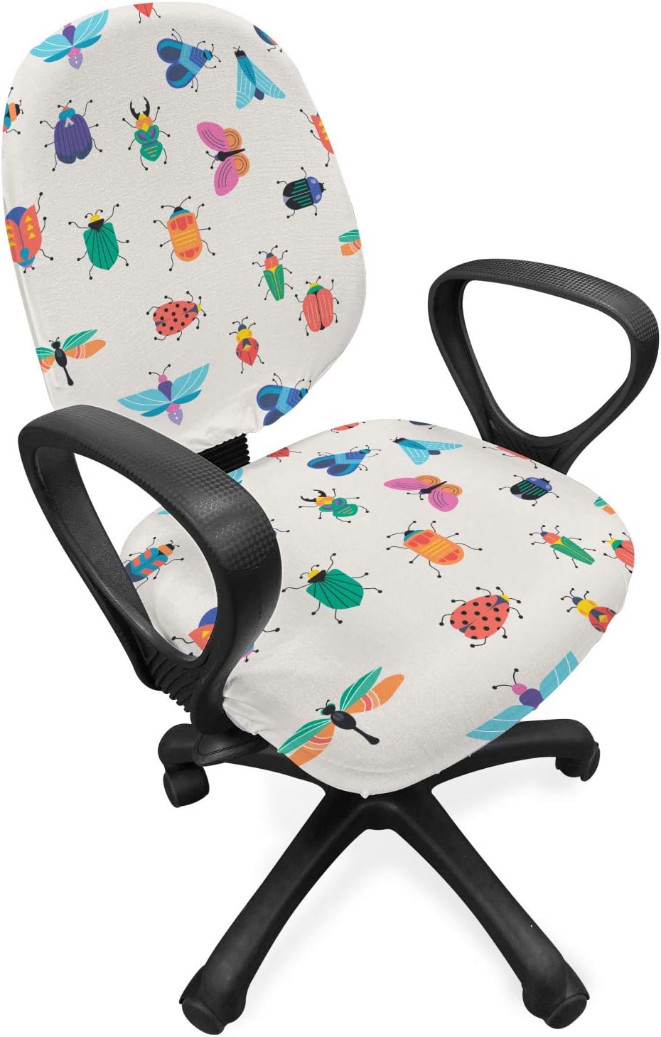 Ambesonne Ladybug Office Chair Slipcover, Various Type of Winged Insects Butterfly Beetle Bugs Dragonfly Swallowtail Cartoon, Protective Stretch Decorative Fabric Cover, Multicolor