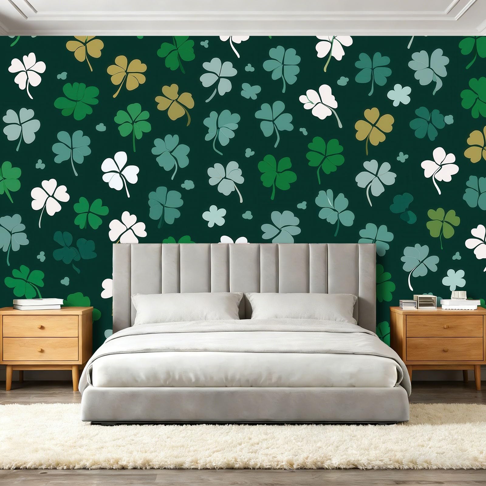 Fototapeta ciemnozielona tapeta 300 x 210 cm (szer. x wys.), nowoczesna tapeta z włókniny, efekt 3D, dekoracja ścienna, rośliny, koniczyna, festiwal, tapeta ścienna, do salonu, restauracji, pokoju