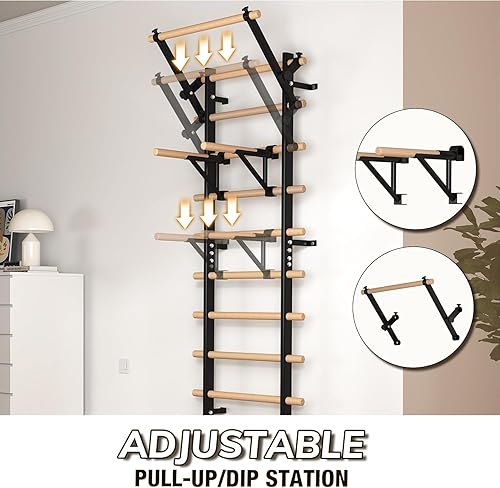 Miniatura 3 de Escalera sueca barra de madera para parada, entrenador de suspensión con barra de dominadas y accesorios de barra de inmersión, barra de madera con