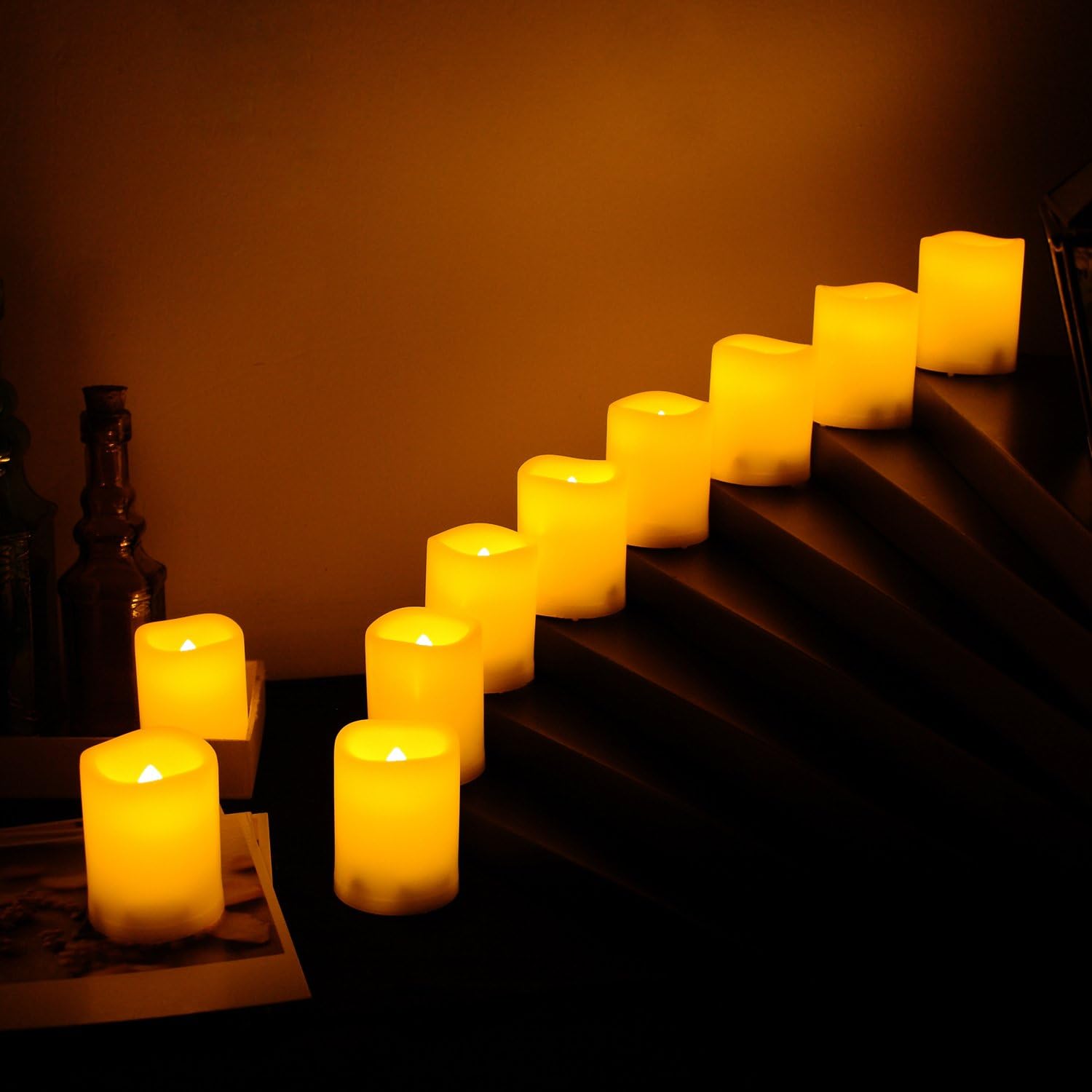 CANDLE CHOICE Battery Operated Flameless LED Votive Candles with Remote Timer Realistic Flickering Electric Small Fake Pumpkin Lights Halloween Christmas Wedding Decorations 10 Pack Batteries Incl.