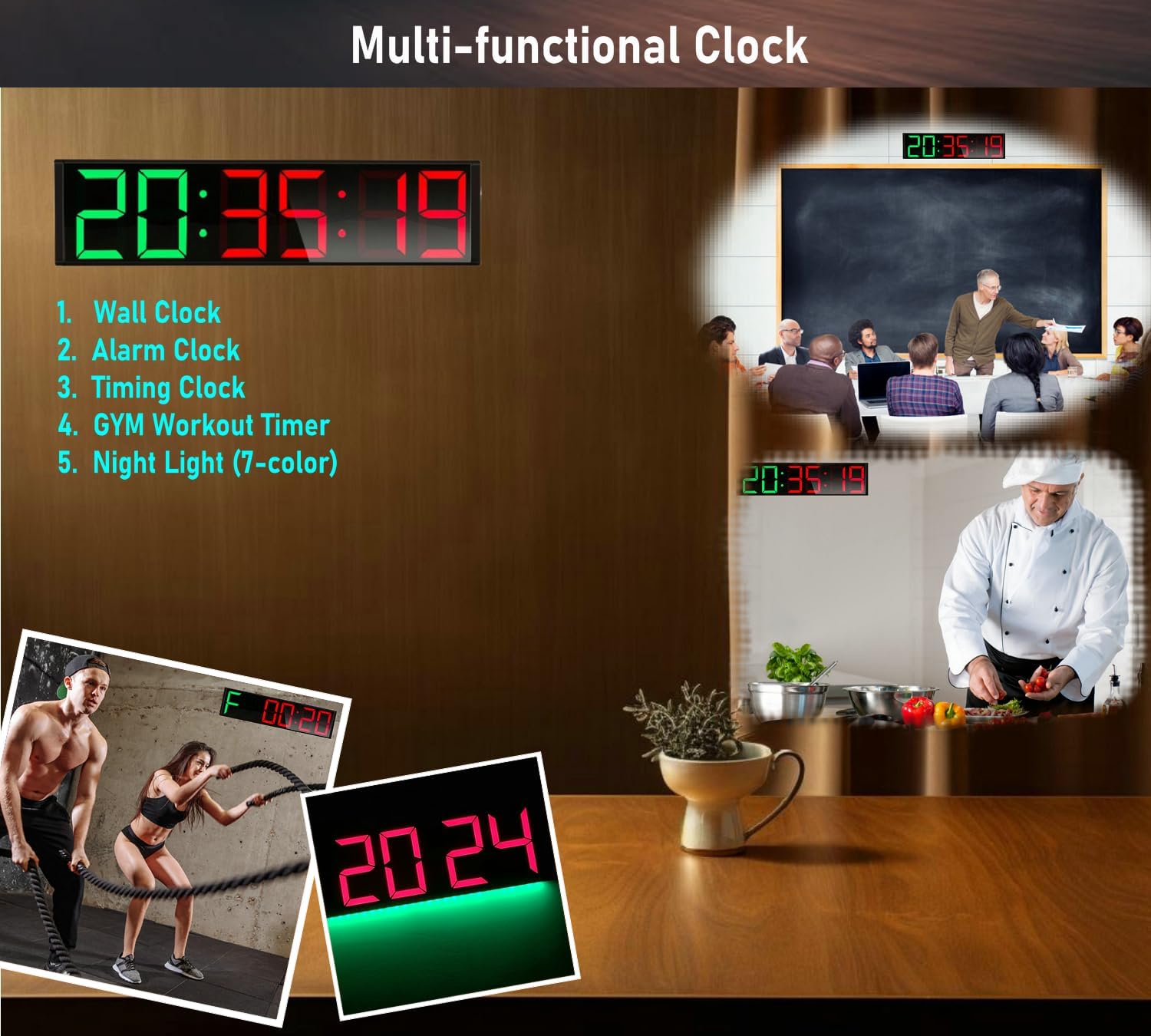 26'' Huge Home Gym Interval Workout Timer Clock, Digital Wall Clock with Seconds Countdown/up, Stopwatch, 8-Alarms, 7-Color Night Light for Tabata/HIIT/MIIT/EMOM/FGB/Boxing (Green-Red)