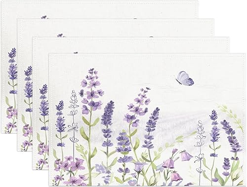 Juego de 4 manteles individuales de primavera con diseño de flores, mariposas, naturales, antideslizantes, resistentes al calor, de algodón y lino,