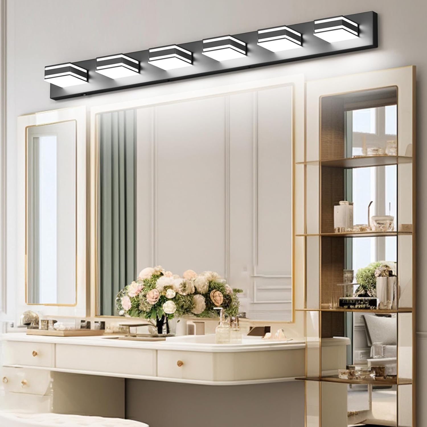 Ralbay 48inch Black Bathroom Vanity Light with 5 Color Temperatures (3000K-6000K) Dimmable Metal Acrylic Modern LED Matte Black Bathroom Lighting Over Mirror (6-Light)