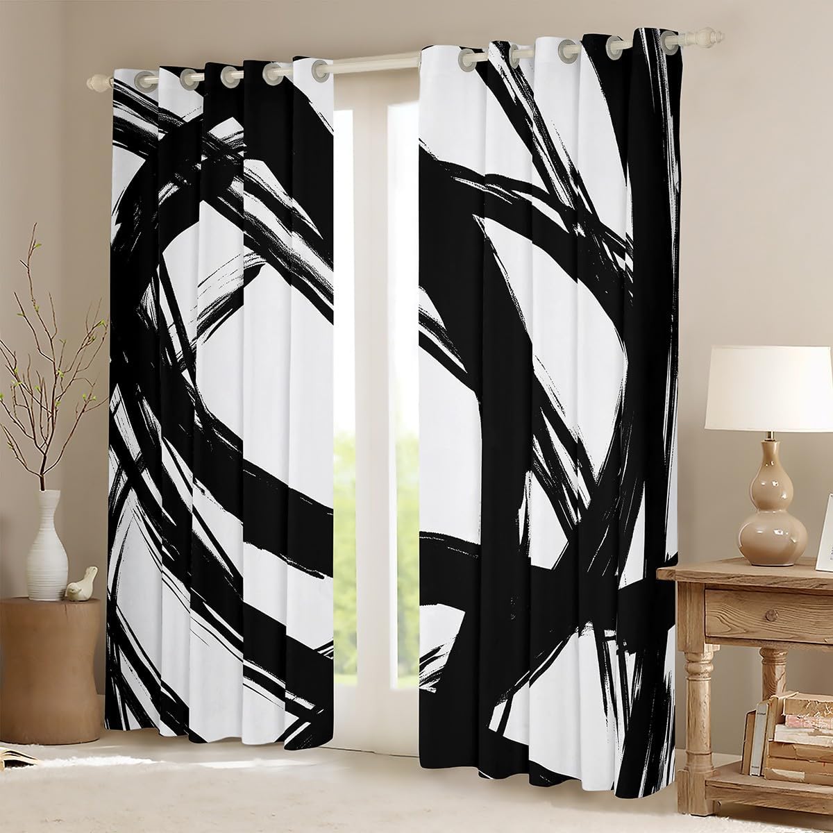 Erosebridal Black and White Abstarct Curtains for Adult Women Men, Geometric Striped Window Curtains Drapes for Minimalists,Graffiti Aesthetic Lines Window Treatments,Boho Modern Art Decor,52" Wx84 L
