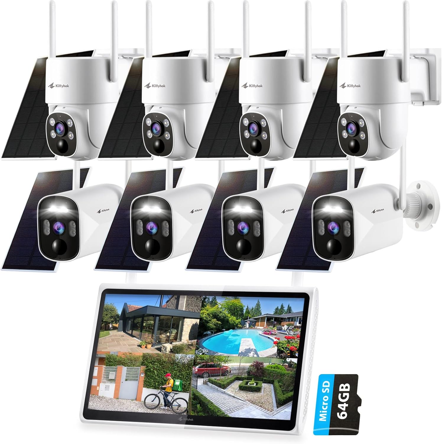 Kittyhok Home Wireless Soalr Security Camera System with Monitor | 4 Bullet & 4 PT Solar Powered Security Camera Human Detection, Spotlight, for Home Security | 10CH NVR, 10'' IPS Monitor, Local Stora