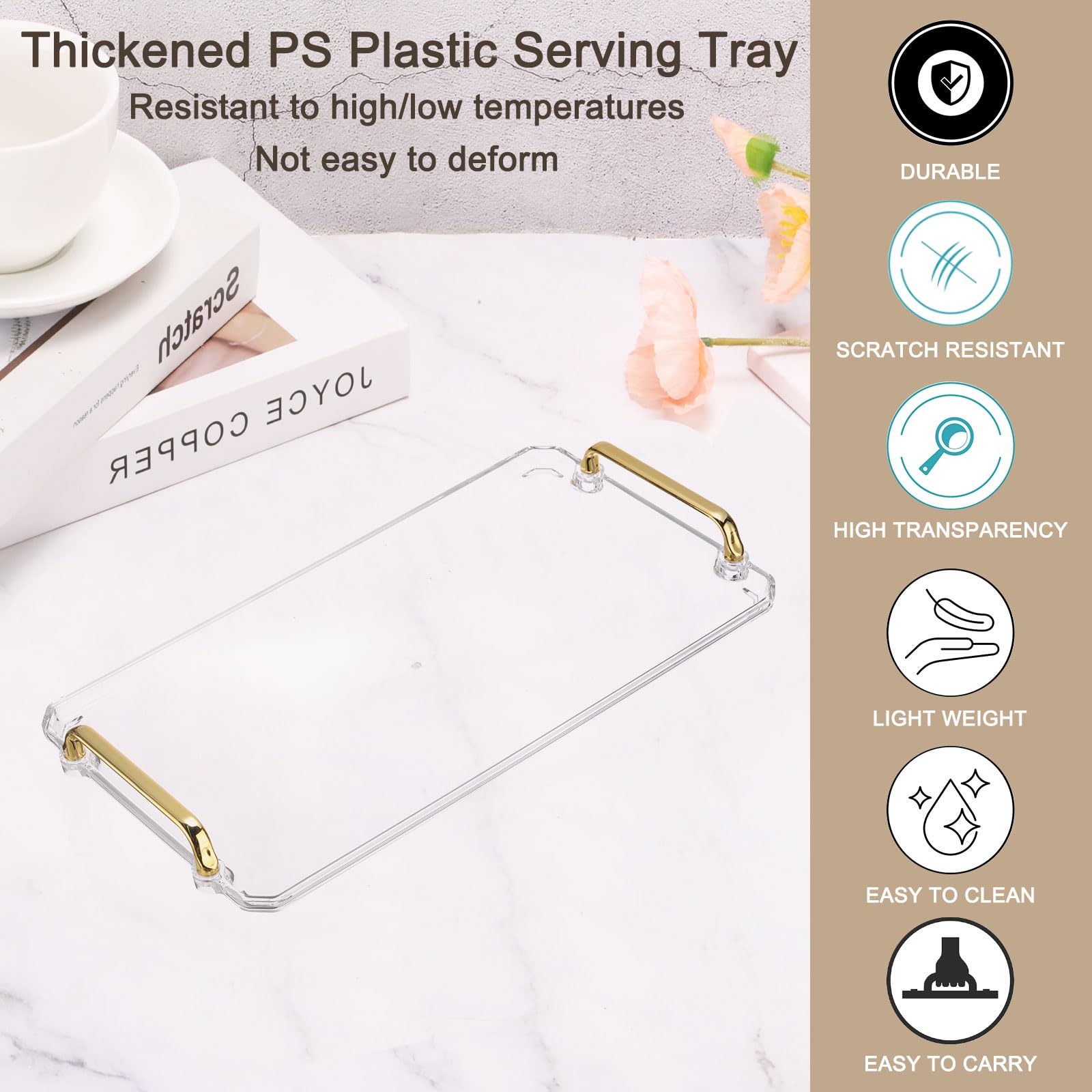 PATIKIL 16.1 x 8.7 Inches Plastic Serving Tray with Golden Handles - Image 3