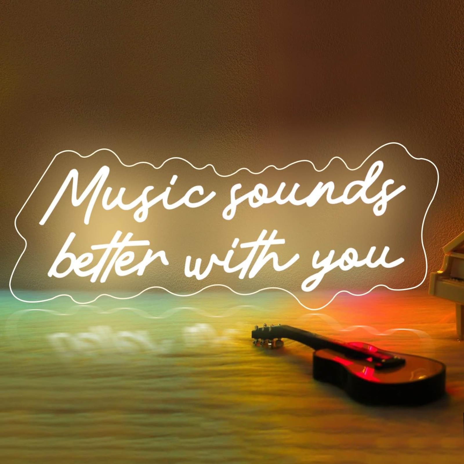 DAKABUKA Music Sounds Better With You Neon Sign for Wall Decor White Letter LED Sign for Bedroom Art Wall Concert Party Bars Shop Live Music Neon Sign Recording Studio Decoration — image 1