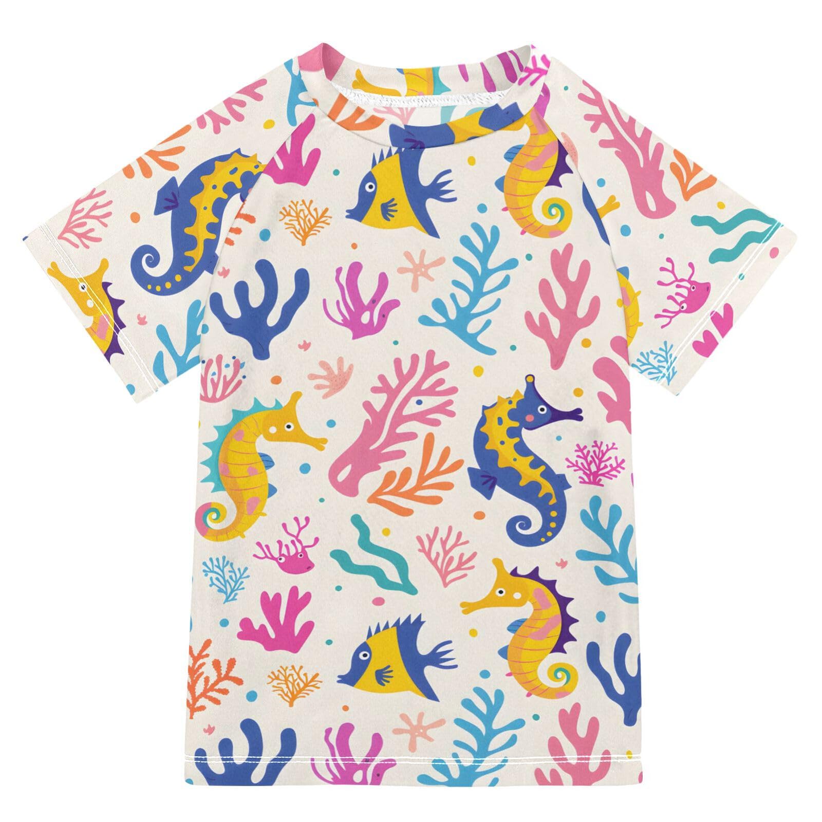 Boys Swim Shirts Toddler Rash Guard Short Sleeve Rashguard Seahorses Corals Algae UPF 50+ 11-12T