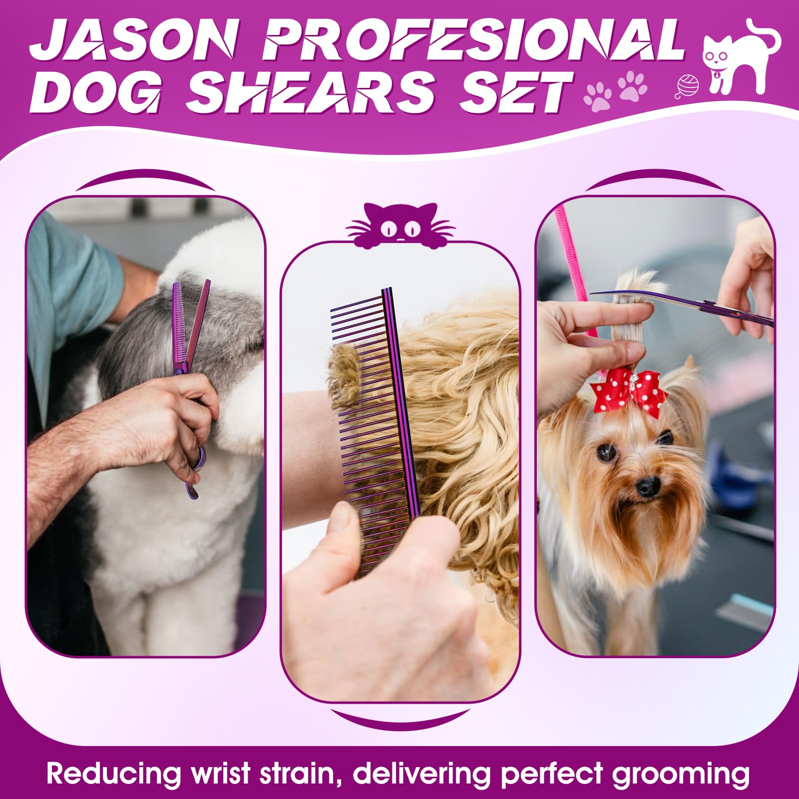 JASON Set de ciseaux de toilettage professionnels 6 en 1 pour chien - Thinning 15,7 cm, droit, 7" courbe vers le haut, ciseaux incurvés de 7" et peigne pour chien et chat avec vis réglable (violet)