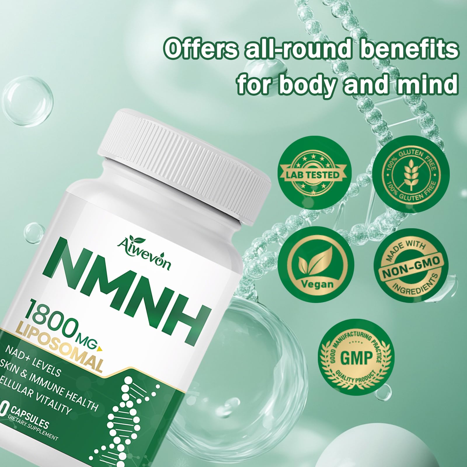 NMNH 1800mg Liposomal NAD+ Supplement, NMNH NMN Alternative with Nicotinamide Riboside & Resveratrol, NAD Booster for Cellular Energy Healthy Aging Support, 120 Vegan Capsules — Amazon image 4
