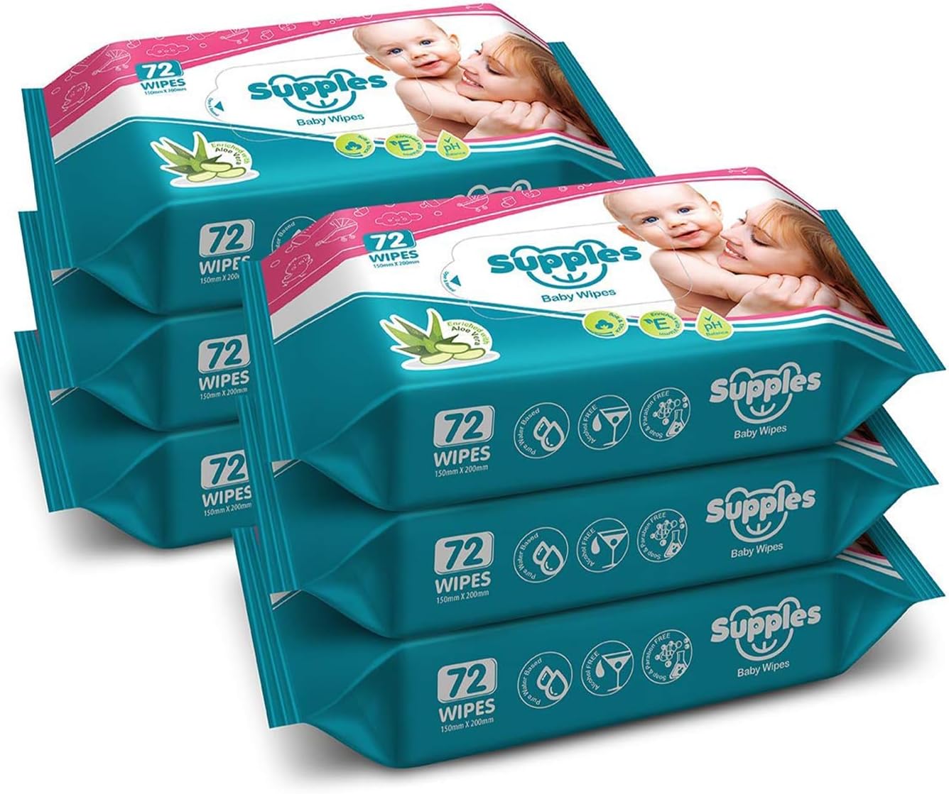 Amazon Brand - Supples Baby Wet Wipes | 432 Wipes | 72 Wipes x 6 Packs | Enriched With Aloe Vera and Vitamin E | Alcohol-Free and Paraben-Free | Pure Water-Based formulation