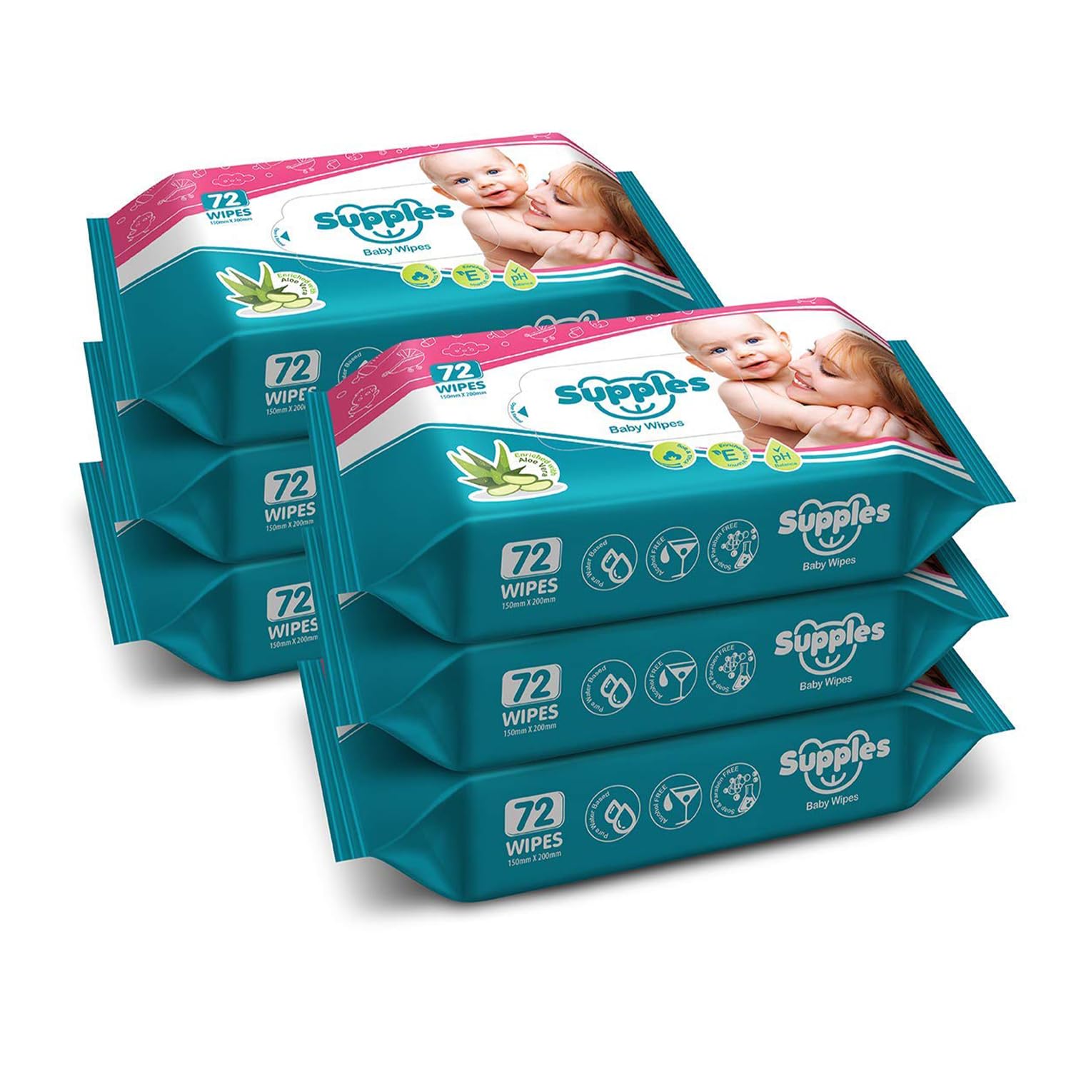 Supples Baby Wet Wipes with Aloe Vera and Vitamin E, 72 Wipes/Pack, (Pack of 6)