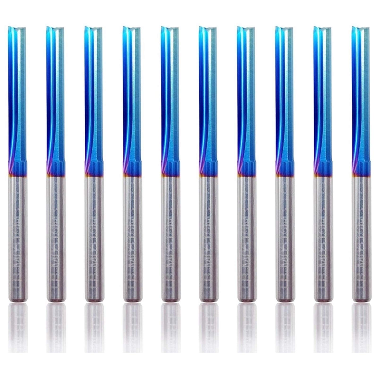 Pangocho Jinchao-Router bits 10Pcs 2 Flute Carbide Milling Cutter CNC Engraving Bit, 3.175 Shank 17mm Blue Coated Straight End Mill, Woodworking Tools Cutter