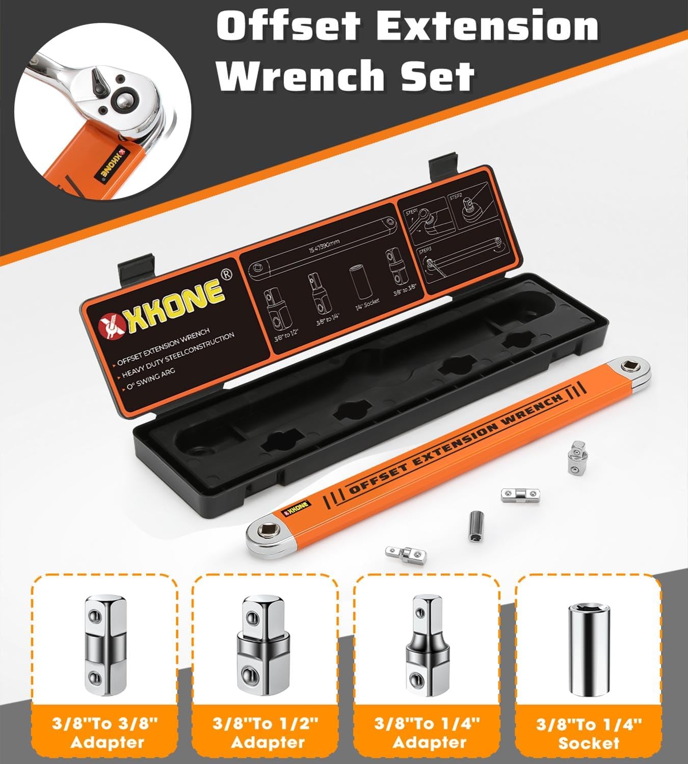 Offset Extension Wrench Set,3/8 Drive Wrench with 1/4,3/8,1/2 Square Drive Adapters and 1/4 Socket for Tight Spaces.