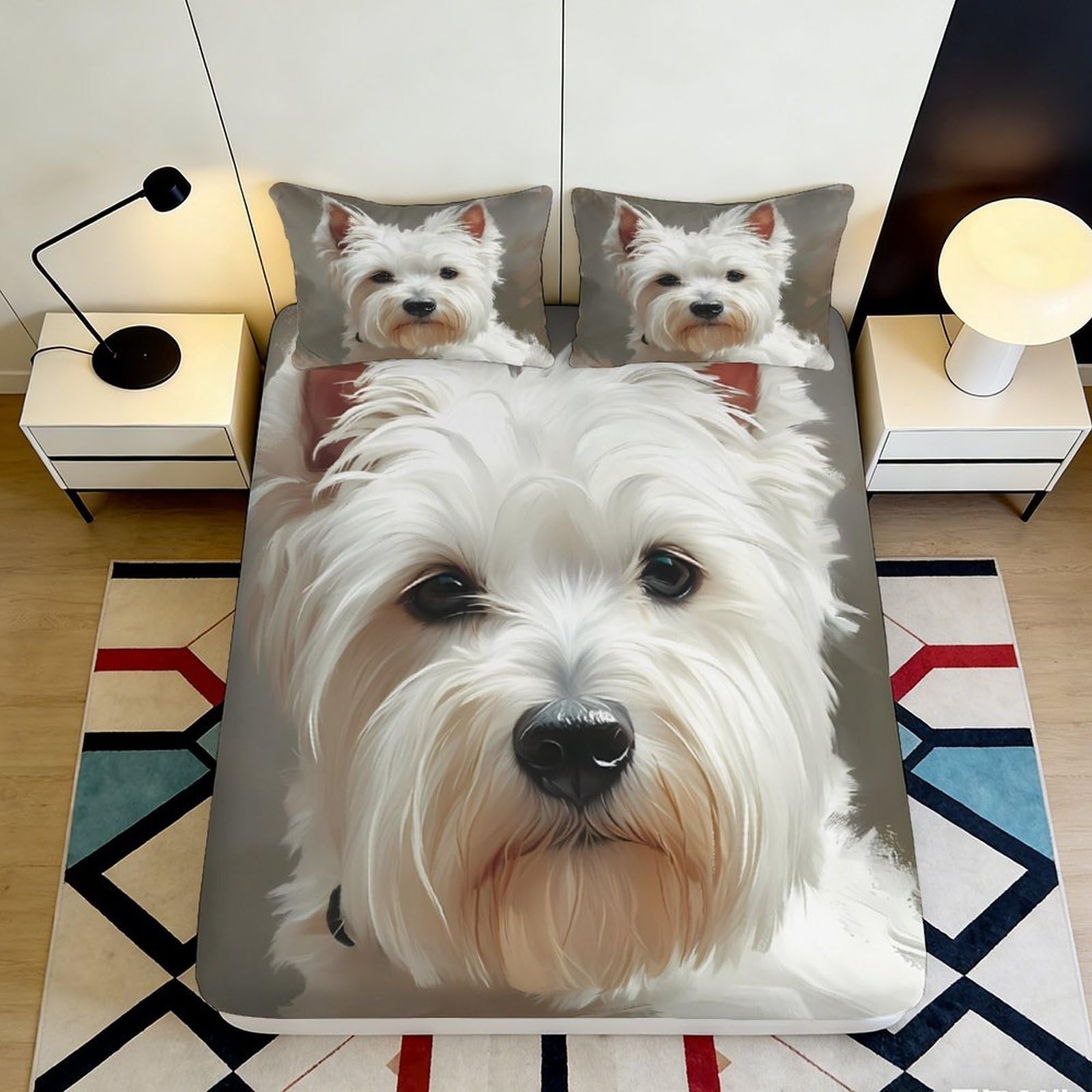 3D Printed West Highland White Terrier Fitted Sheet, wrinkle resistant Microfiber, slip resistant, home bedroom décor, easy care, apartment bedding 180x200x25cm