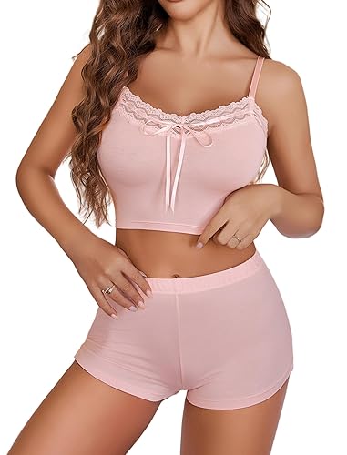 Avidlove Womens Pajama Sets Sexy Sleepwear Lingerie Set Lace Trim Short PJ Set Soft Sleepwear Shorts 2 Piece S-XXL - Pink - Medium