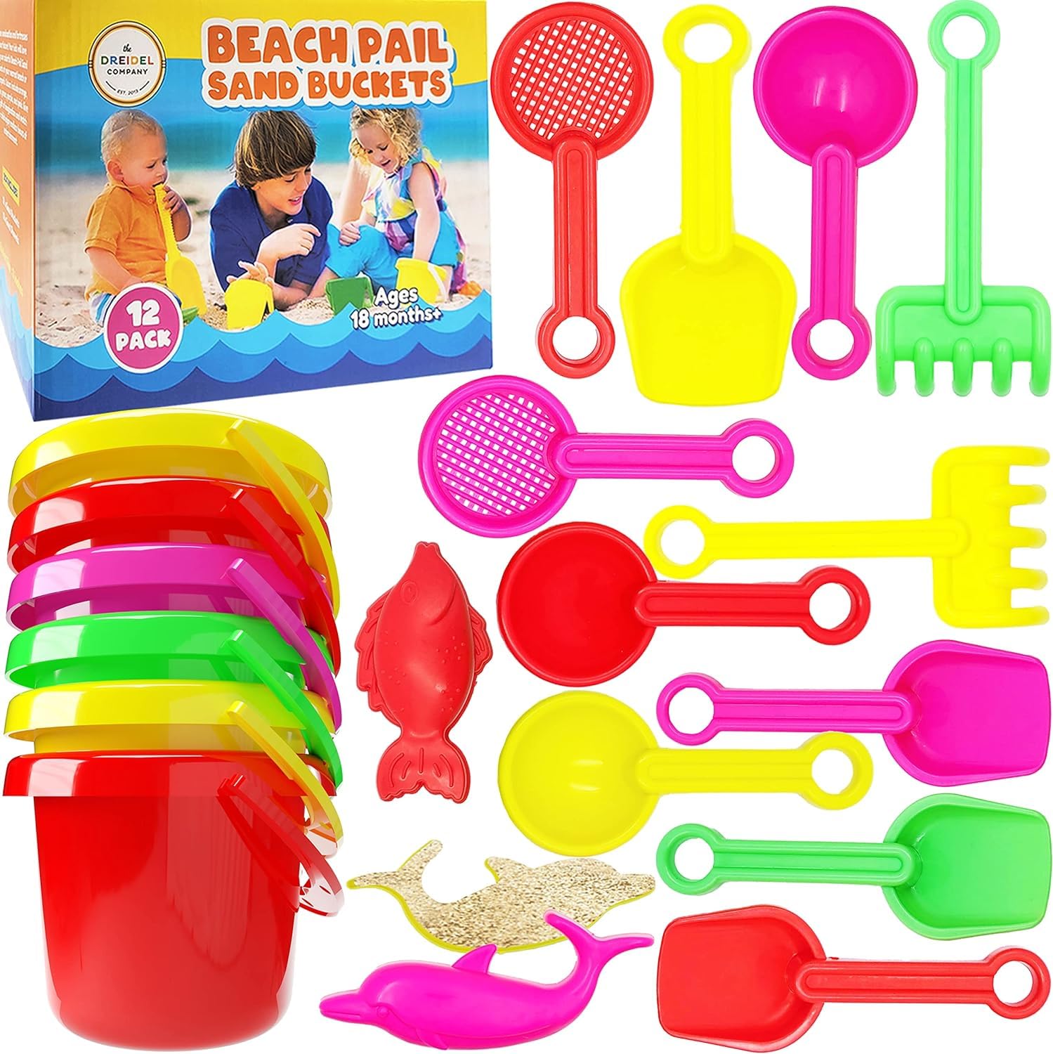 The Dreidel Company Mini Beach Day Playsets, 3.25" Sand Bucket Play Set Box Includes, Pail, Shovel, Rake, Sifter Scoop, Dolphin Fish Sand Trays Toy
