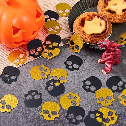 Miniatura 2 de Decoración de mesa de confeti de papel de calavera dorada y negra para Halloween, fiesta temática de terror sangriento, 200 unidades