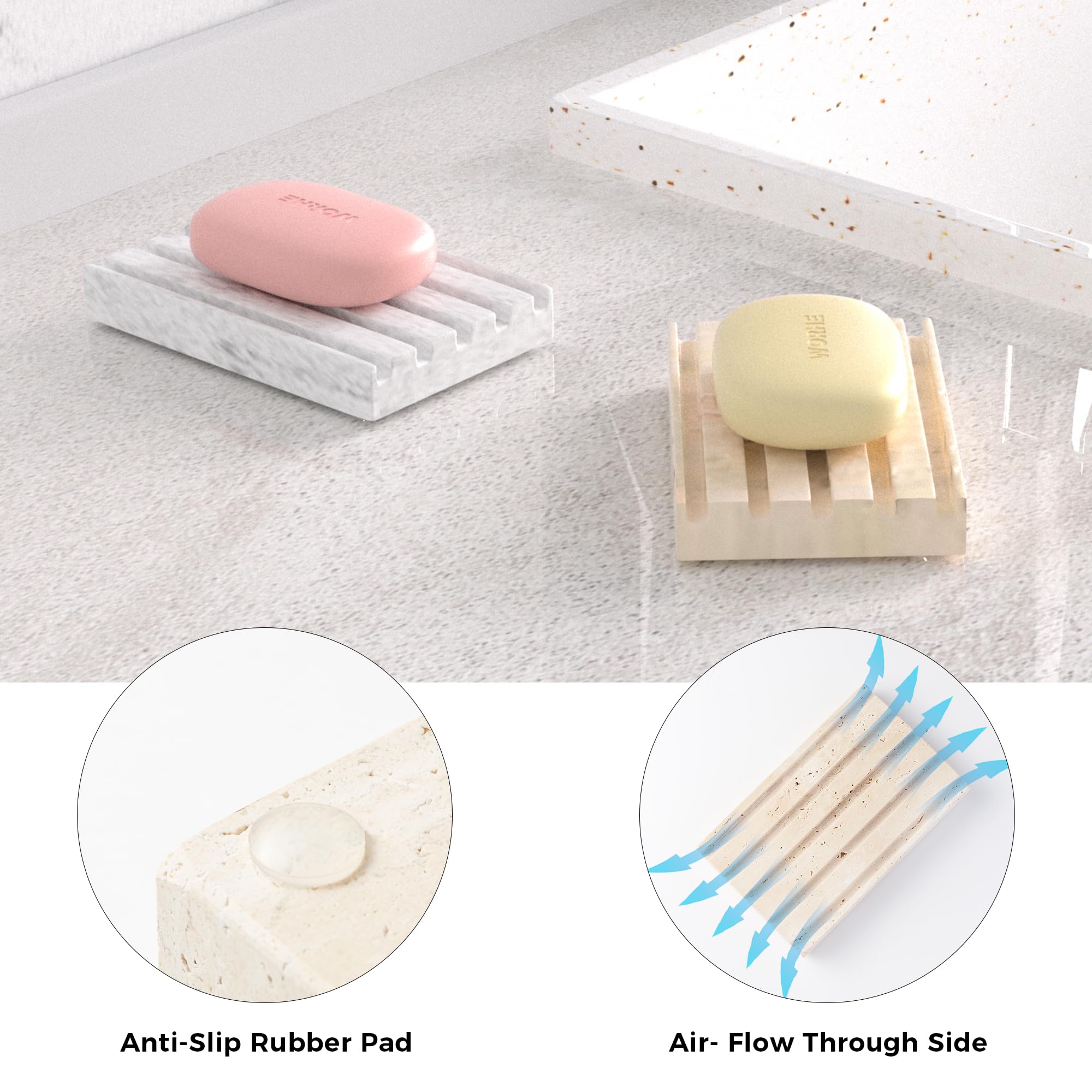 Jabonera beige, soporte para jabón de travertino natural, soporte para jabón de baño, plato de esponja con diseño autodrenante, adecuado para ducha, tocador, cocina, fregadero.