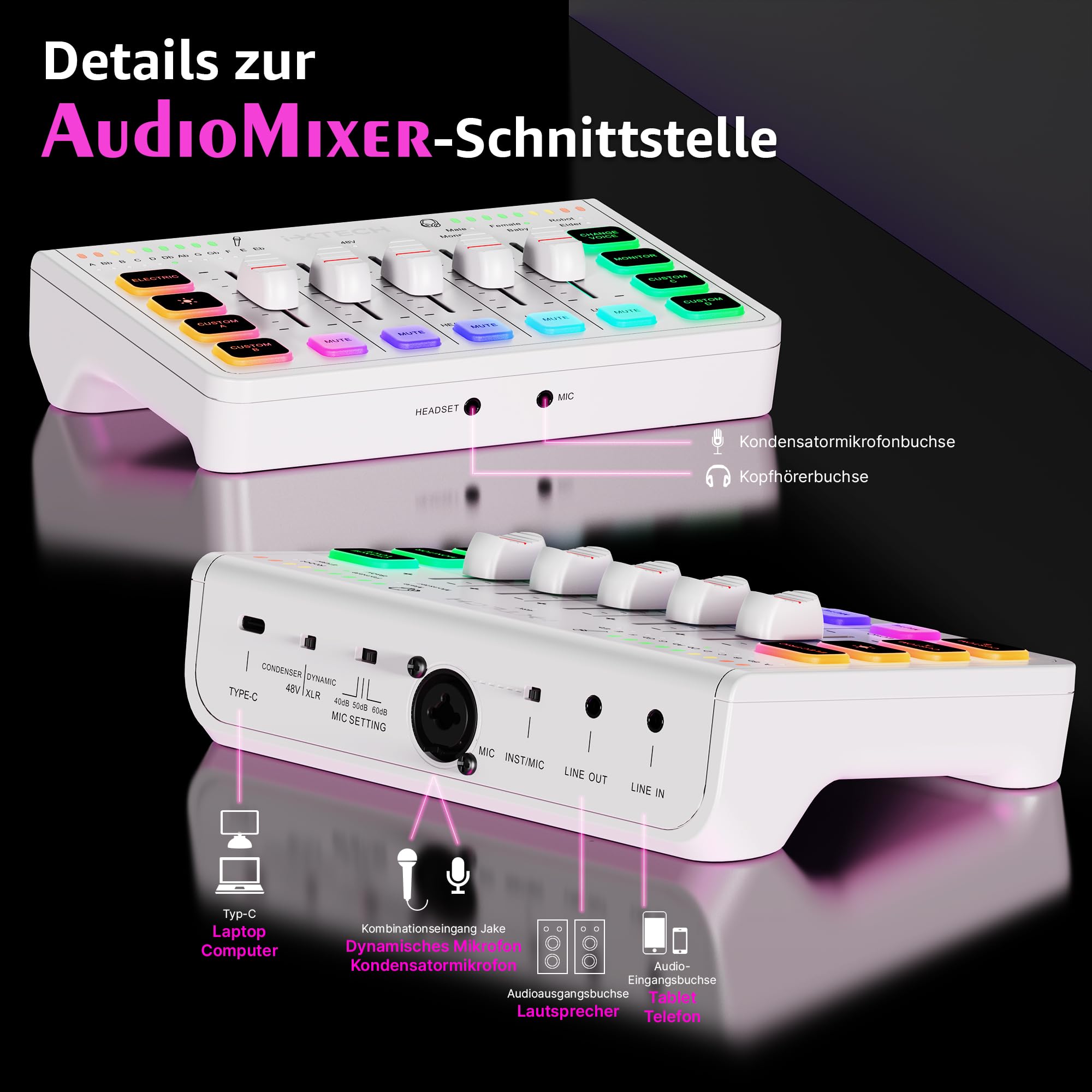 IXTECH Gaming Audio Mixer 4 Channel Soundboard, Streaming RGB PC Audio Interface with XLR Microphone Support, Audio Equalizer for Gaming Podcast Streaming Karaoke, Individual Volume Controls (White)