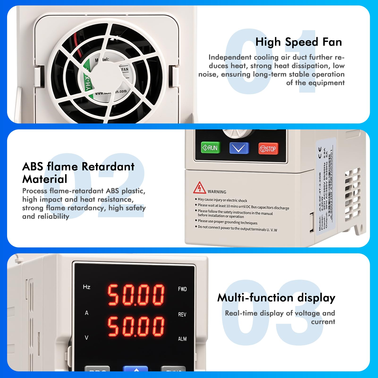 Frequenzumrichter 380V VFD Drehzahlregler Motor Frequenzregler Professional Dreiphasen Eingang Dreiphasen Ausgang 2,2kW CNC Frequenzumrichter JLS-DF-4T-2.2GB (mit Tablett+2m Verlängerungskabel)