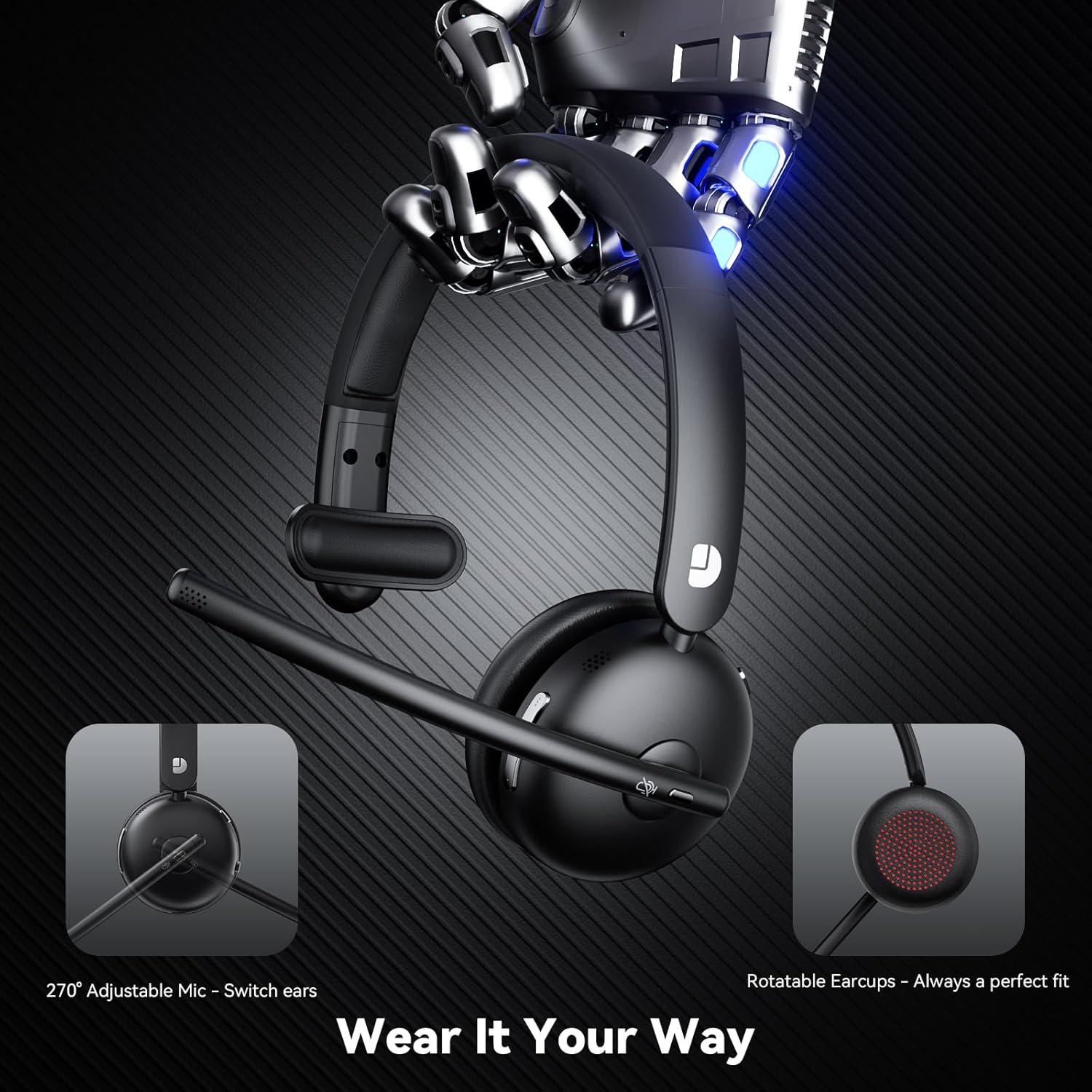 Close-up of the Dytole Wireless Headset showing the 270° adjustable microphone and rotatable earcups