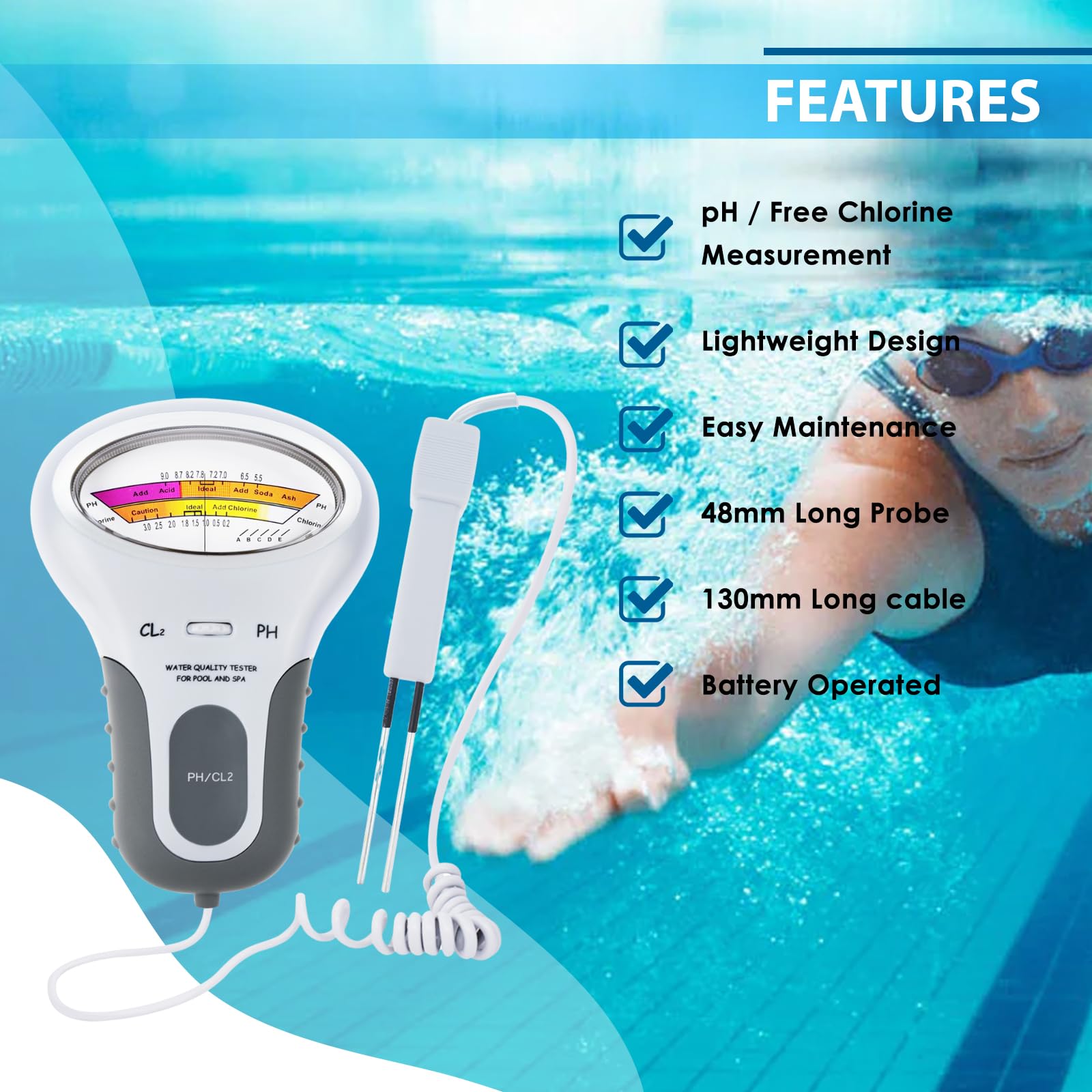 Testeur d'Eau 2en1 pH & Chlore Pour Piscines, Spas, Aquariums et Eau du Robinet Lecture Facile, Kit de Test Précis pour Usage Domestique