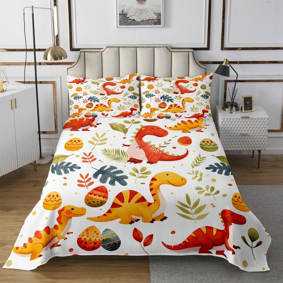 jejeloiu Cute Dinosaur Bedspread Quilts Cute Cartoon Animal Coverlet Set Queen Size for Kids Boys Girls Dino Quilted Coverlet for All Season with 2 Pillowcases Microfiber