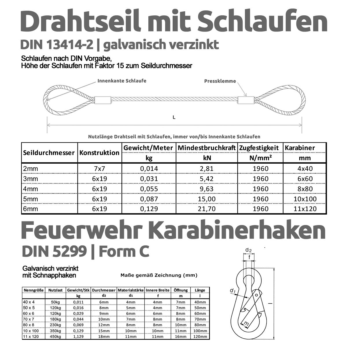 Stahlseil mit Haken, Drahtseil mit Haken und Öse – Aufhängeseil, Seilaufhängung | Ø5mm / 280kg Nutzlast | 50m