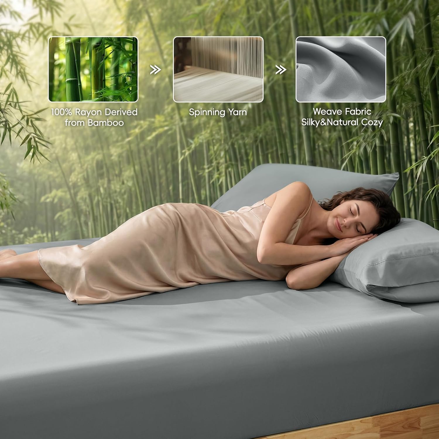 David's Home Cooling Fitted Sheet Queen Size, 100% Rayon Derived from Bamboo, 16" Deep Pocket 2.5cm Wider Elastic, Luxury Smooth Silky Soft Breathable Bottom Sheet for Hot Sleeper, Grey