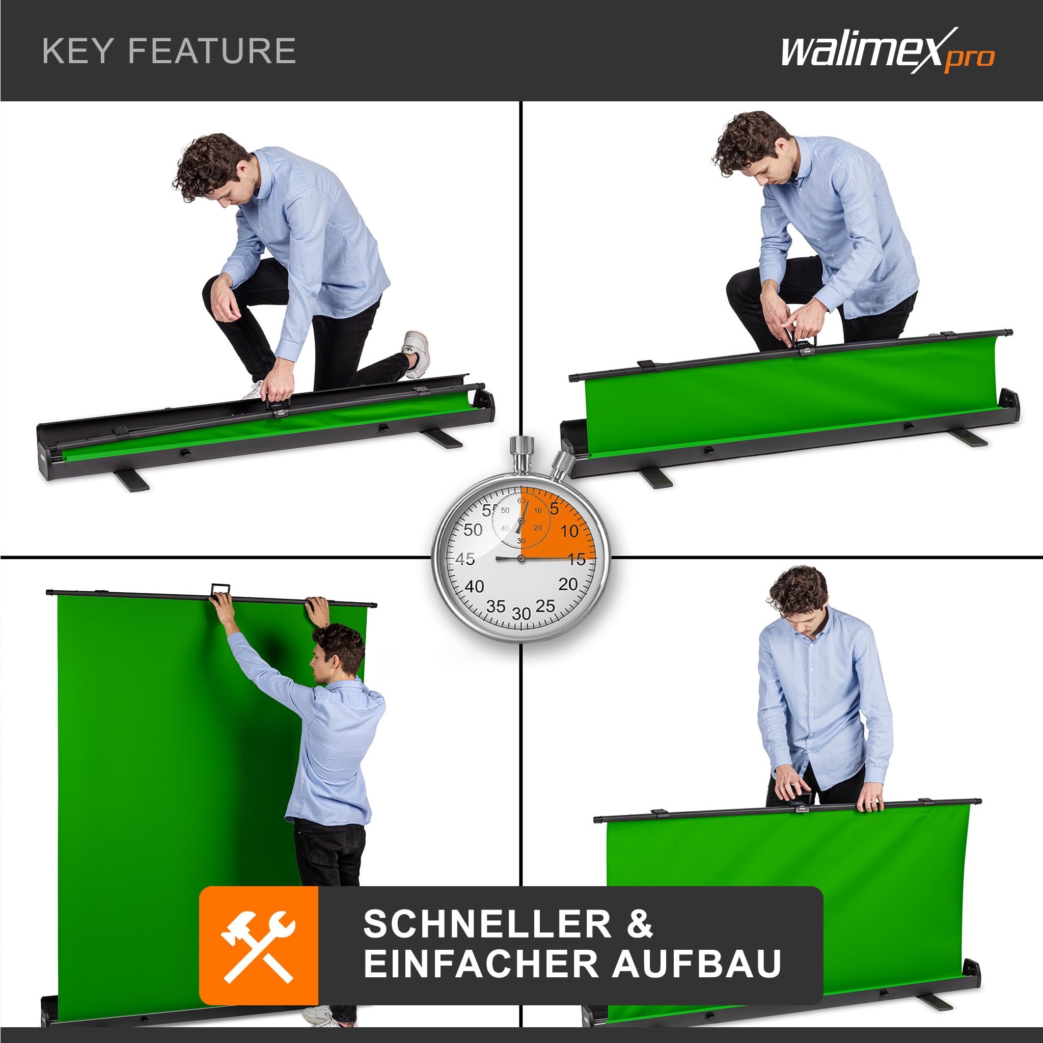 Walimex pro Roll-up Panel Hintergrund grün 165 x 220 cm, Greenscreen Fotohintergrund mit Transportbox, Hintergrundsystem für Fotostudio, knitterfreie Fotoleinwand ideal für Chromakeying